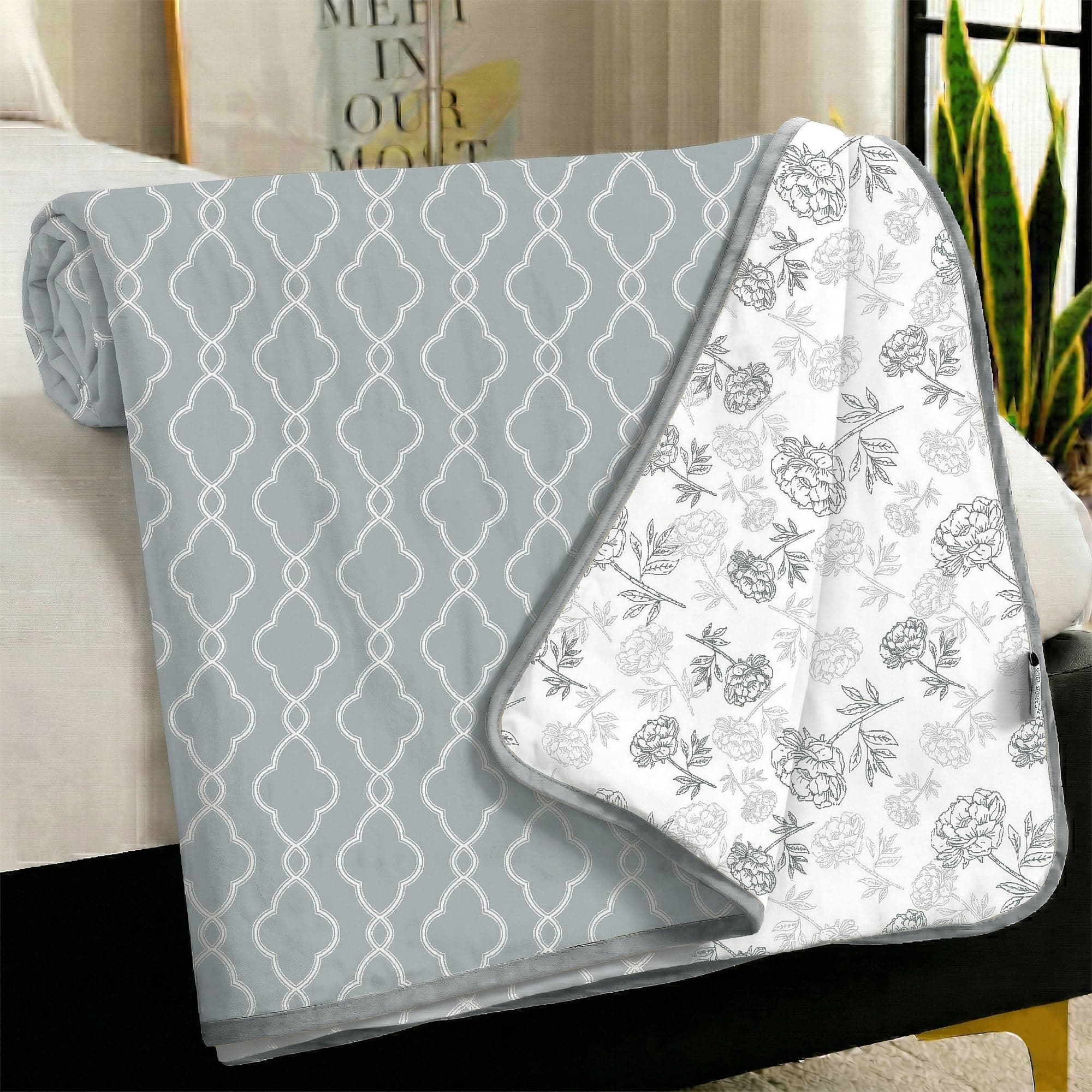 Story@Home Quilted King Size Bed Cotton 100% | 150GSM 225 x 240 CM Quilt AC Blanket for Summer | AC Comforter Double Bed |Grey & White, Floral & Moroccan Reversible Design Duvet | All-Season Blanket