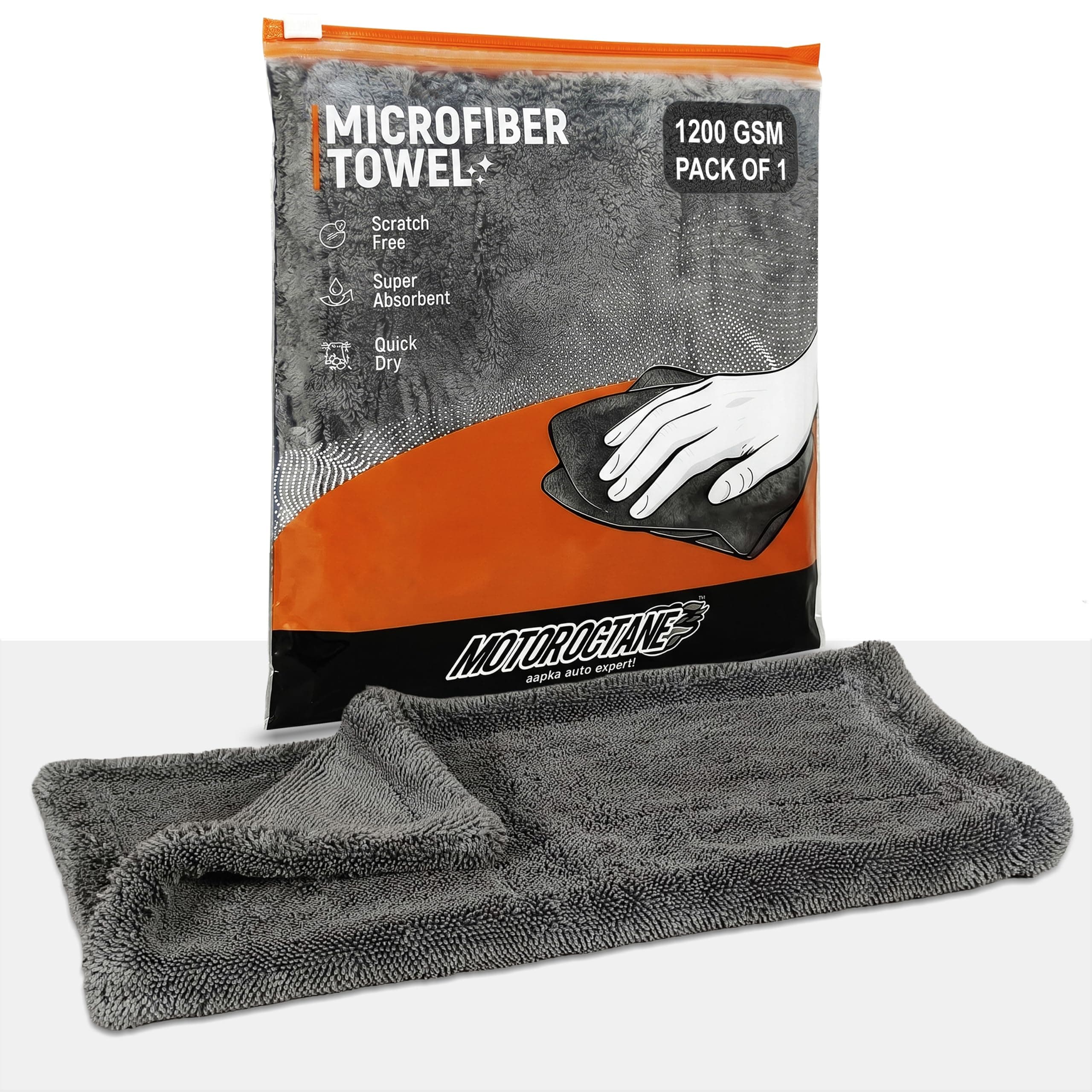 MOTOROCTANE Microfiber Car Cleaning Cloth 1200 GSM | Thick Dual-Sided Towel for Car & Bike | 40x40 cm | Multipurpose Ultra-Soft Edgeless, Lint-Free, Scratch-Free, Fast-Drying, Reusable | Pack of 1