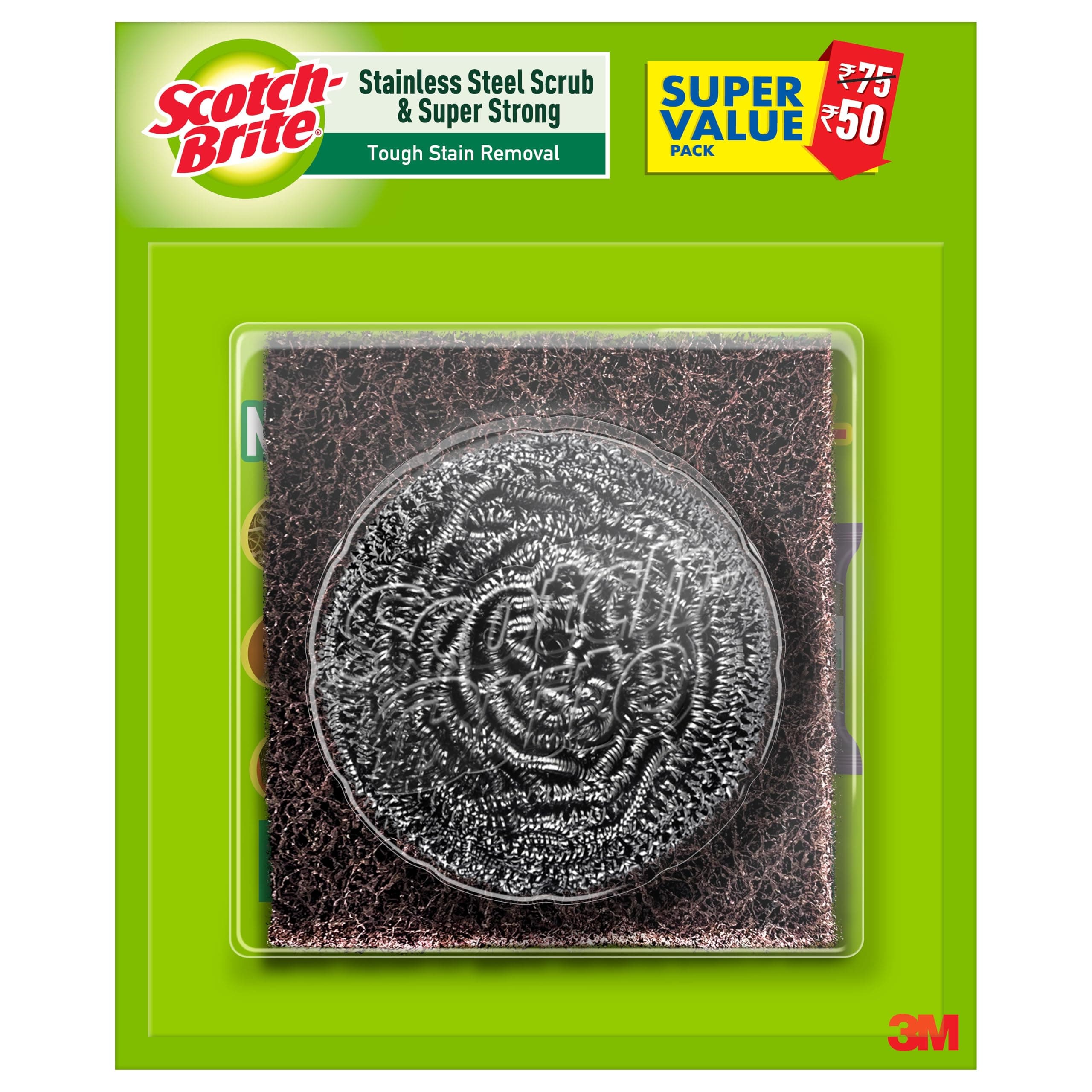 Scotch-Brite 1 Stainless Steel Scrubber (15g) and 1 Scrub Pad Combo | Rust-Free Scouring for Tough and Everyday Cleaning
