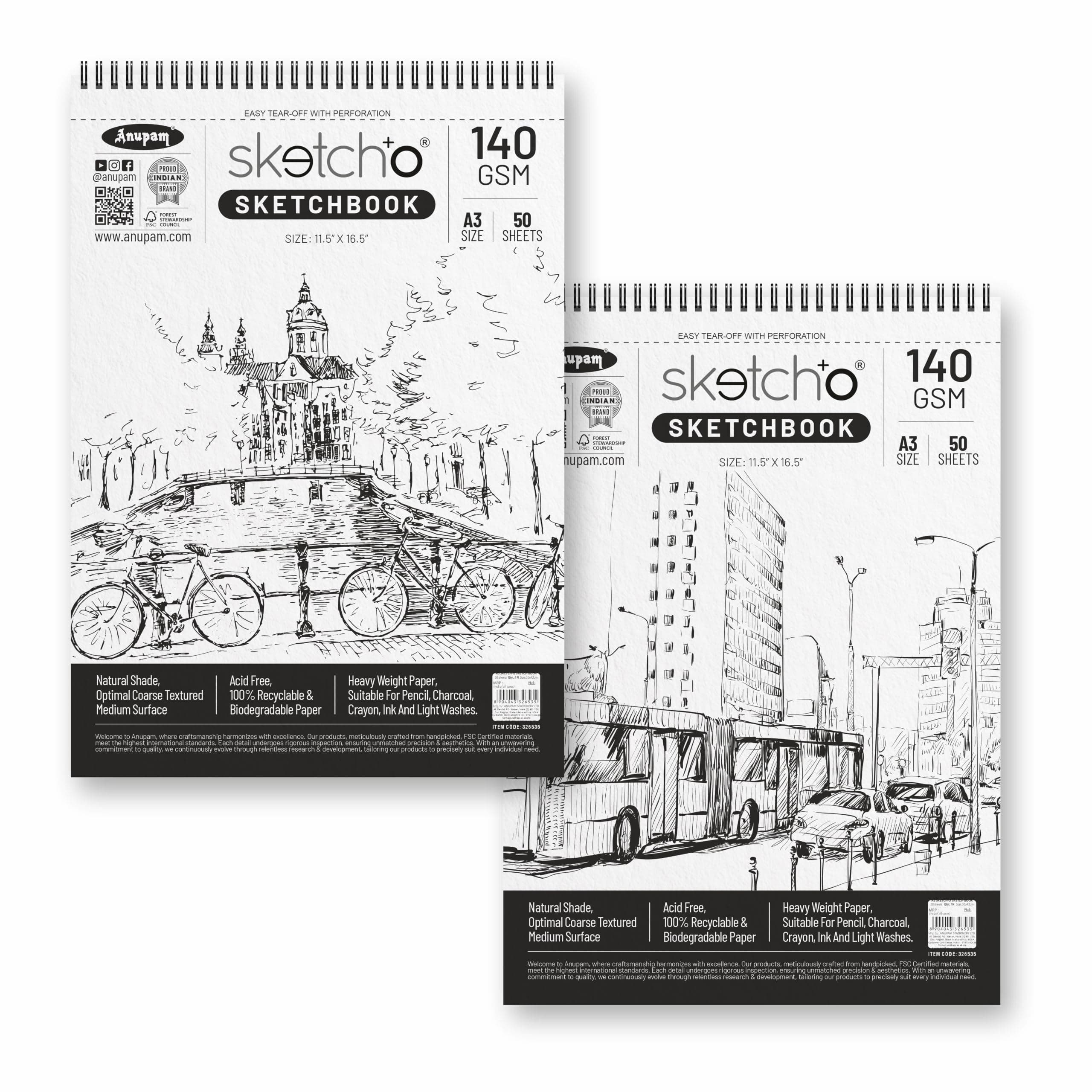 Anupam Sketch-O Sketchbook A3 | 50 Sheets 100 Pages | 140GSM | Durable Acid Free Drawing Paper | Professional-Grade Sheets | Top Spiral-Bound Sketchpad for Artists & Professionals (Pack of 2)
