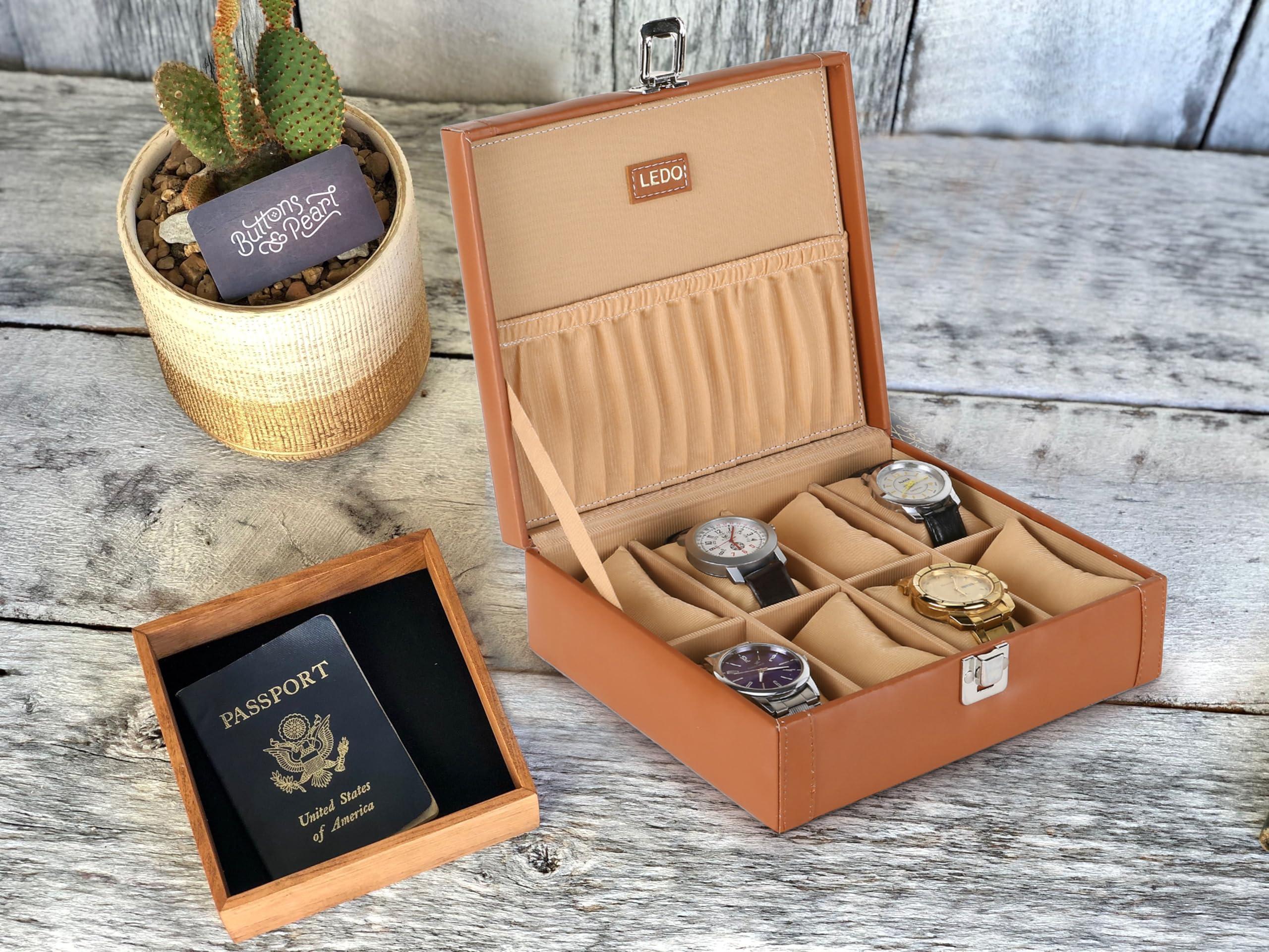 LEDO Watch Box Organizer Case with 8 Slots of Watches for Men and Women Tan Color in PU Leather