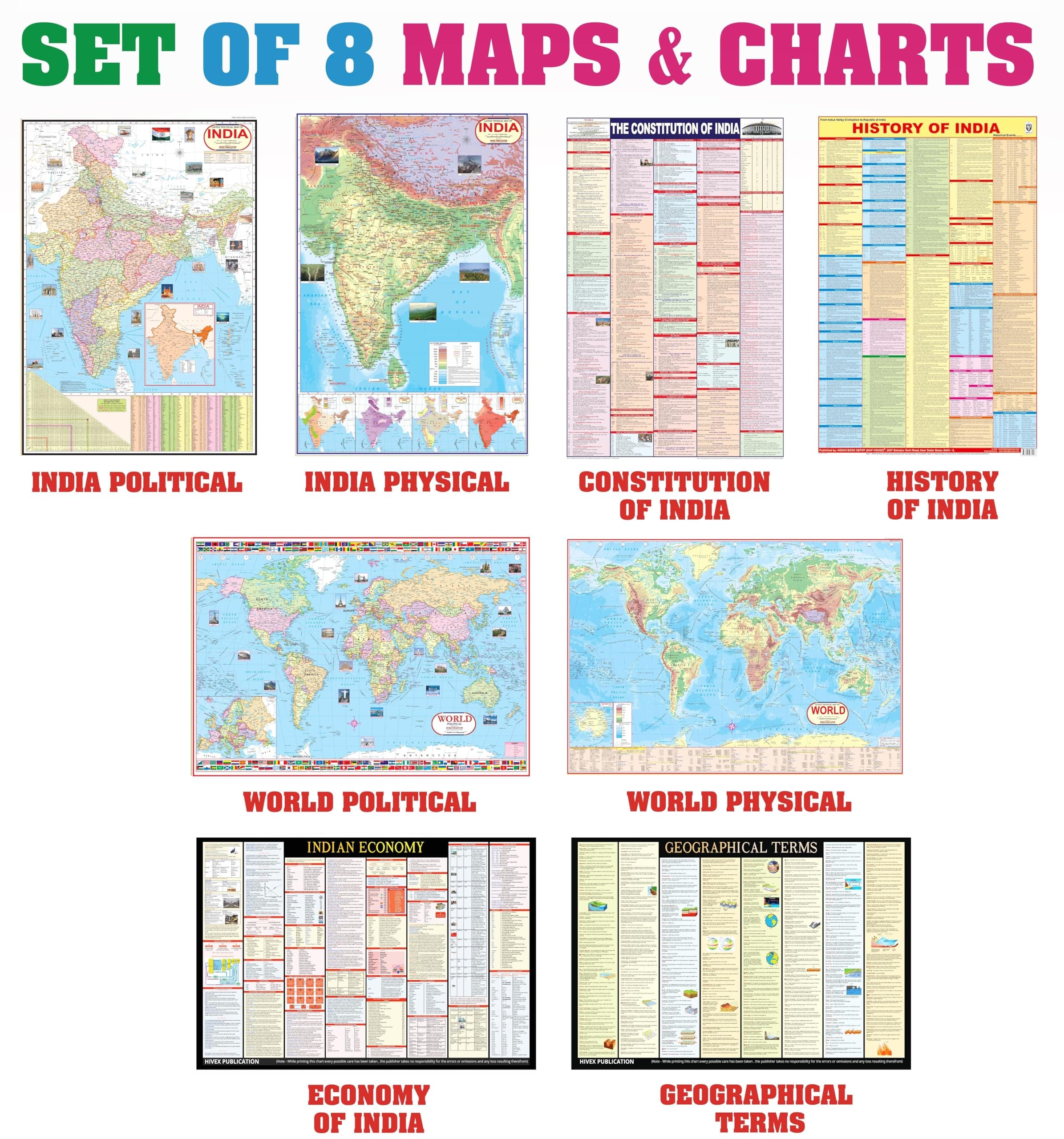 India & World Map ( Both Political & Physical ) with Constitution of India , Indian History , Indian Economy & Geographical Terms Chart | Set Of 8 | ... exam preparation | by Hivex Publication