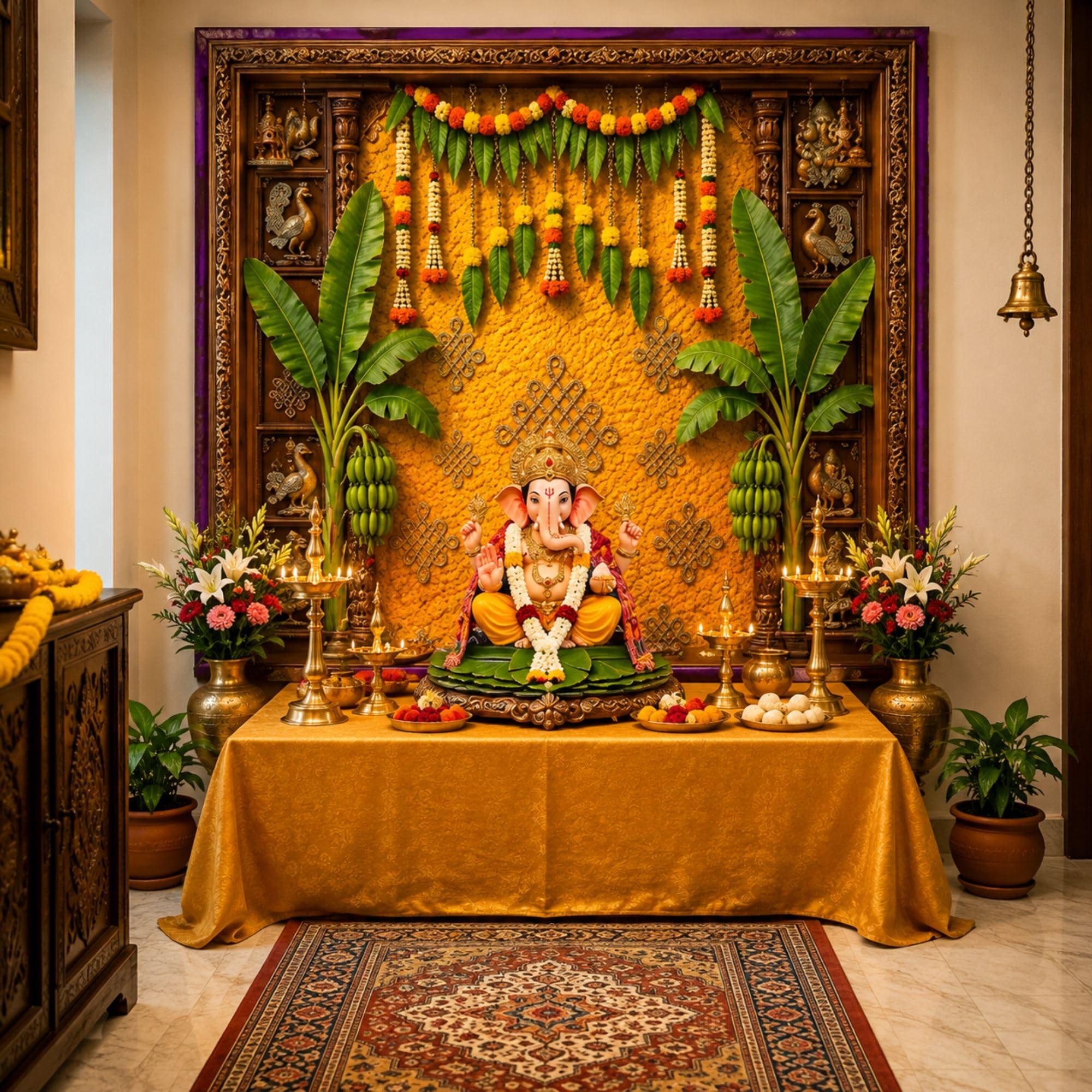 Flick in Traditional Indian Temple Pooja Backdrop for Home Decoration, Ganpati, Diwali, Navratri, Wedding & Festive Decor | 1 Pc Mandir Background