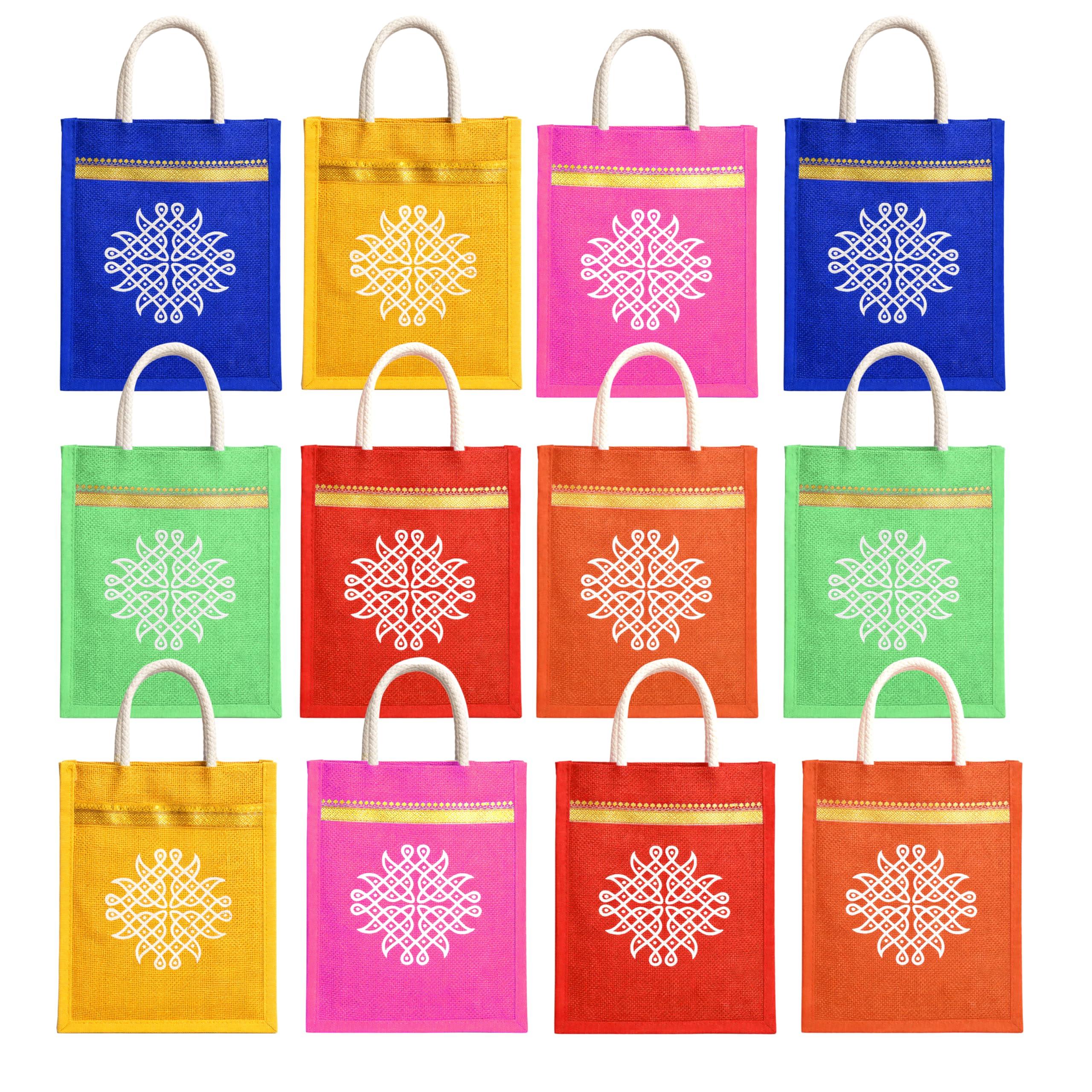 Match Made Jute Bags with Kolam Print Gift Bags with Handle| Reusable Return Gift Bags for Wedding,Pooja & Festivals|Eco Friendly Shopping & Thamboolam Bags|Side cloth Non Woven Fabric Multicolor(12)