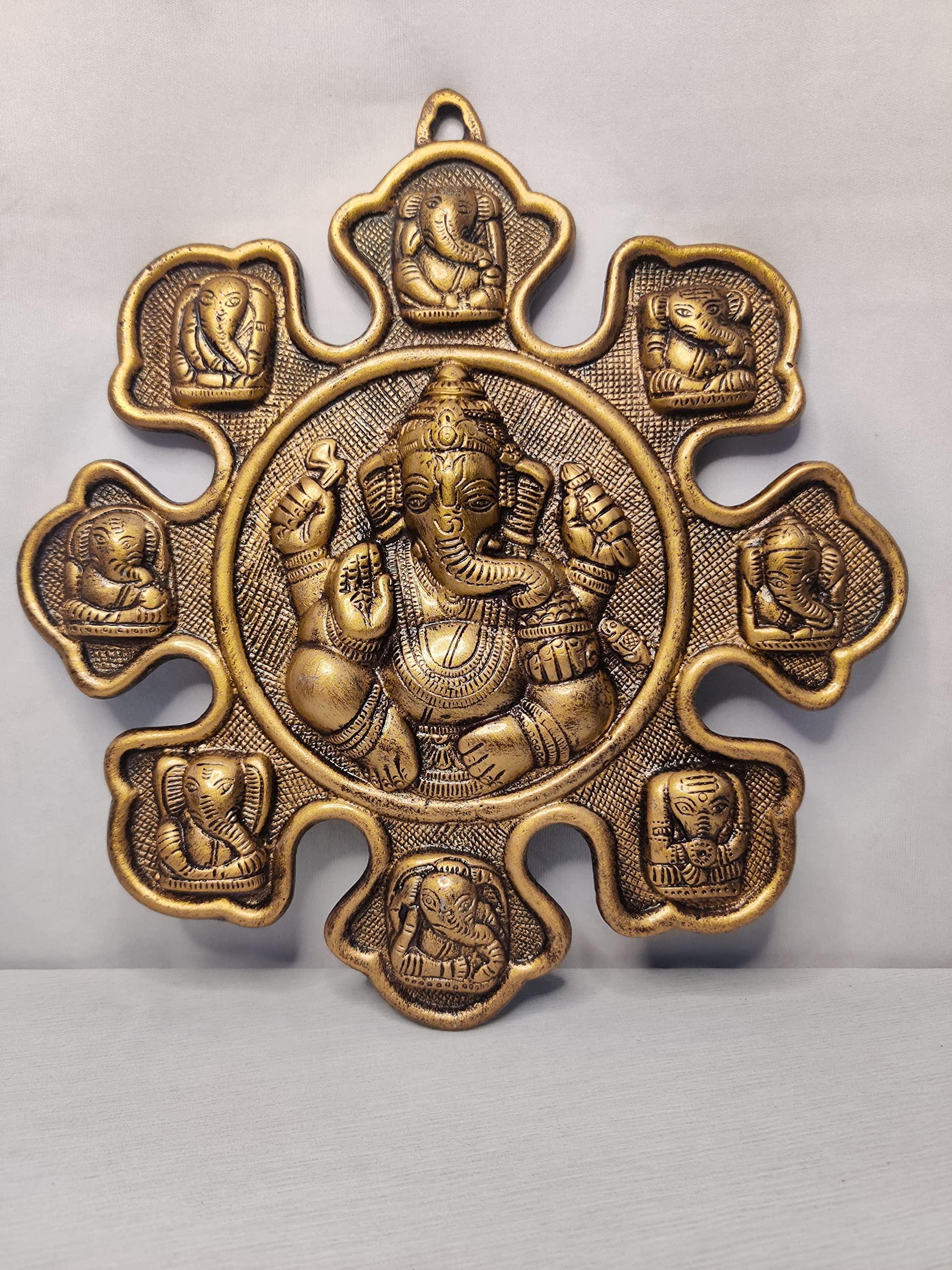 Akriti Brass Naumukhi Ganesh(L*B*H -28 * 2.5 * 30CM) Metal Lord Ganesha, Ganesh Wall Hanging for Entrance Door, Living Room, Decorative Wall décor; Metal Wall Hanging showpiece, Made In India