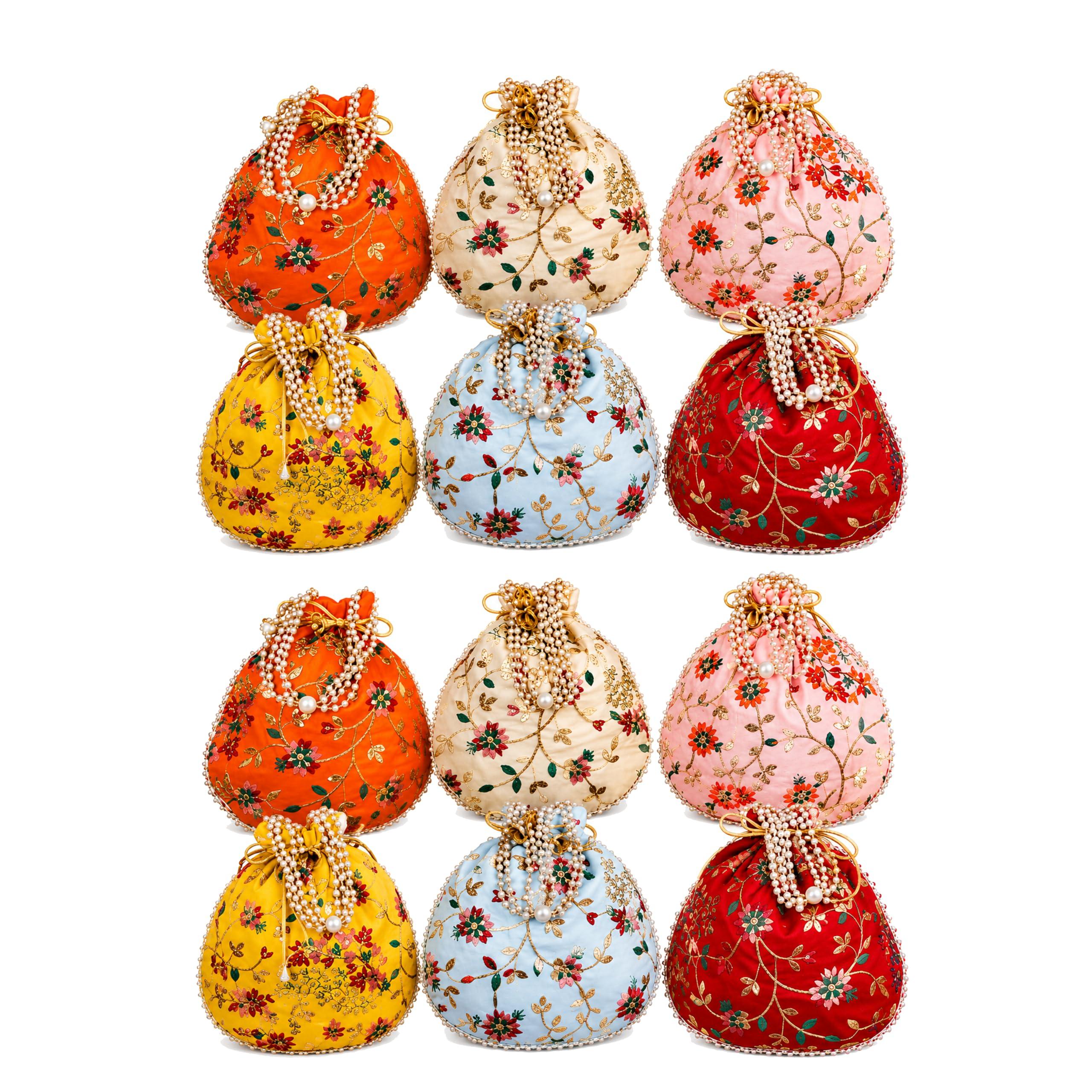 Match Made Embroidery Wedding Return Gift for Women Silk Batwa Bag Bridal Traveling potli Bag with Zipper for Ladies Baby Shower Shagun Purse Gifting Haldi Mehandi (Multicolor 12Pk)