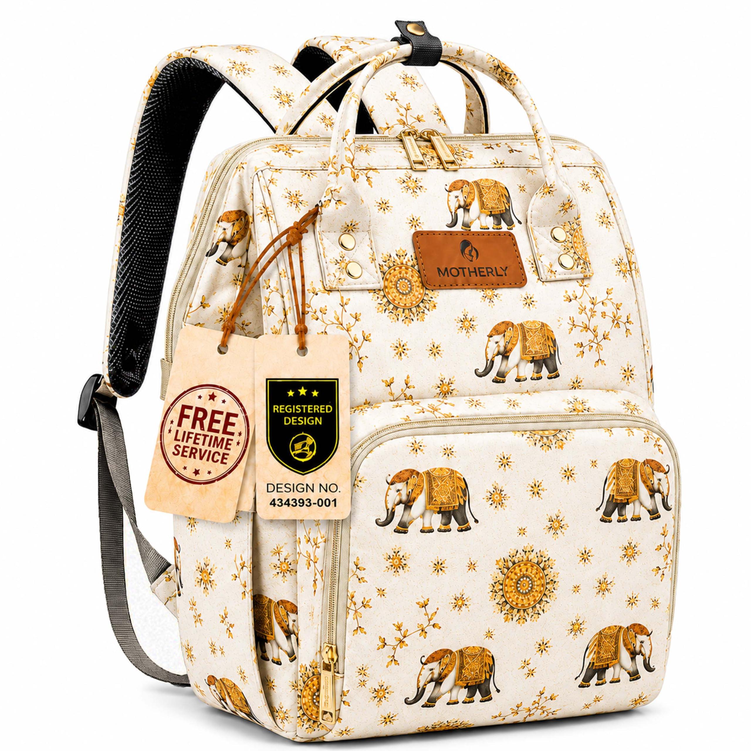 Motherly Patented Diaper Bag Backpack for Moms | Waterproof Baby Travel & Maternity Bag |Spacious Nappy Bag with Multiple Compartments, Insulated Bottle Pockets & Warranty (imperial Series, Golden)