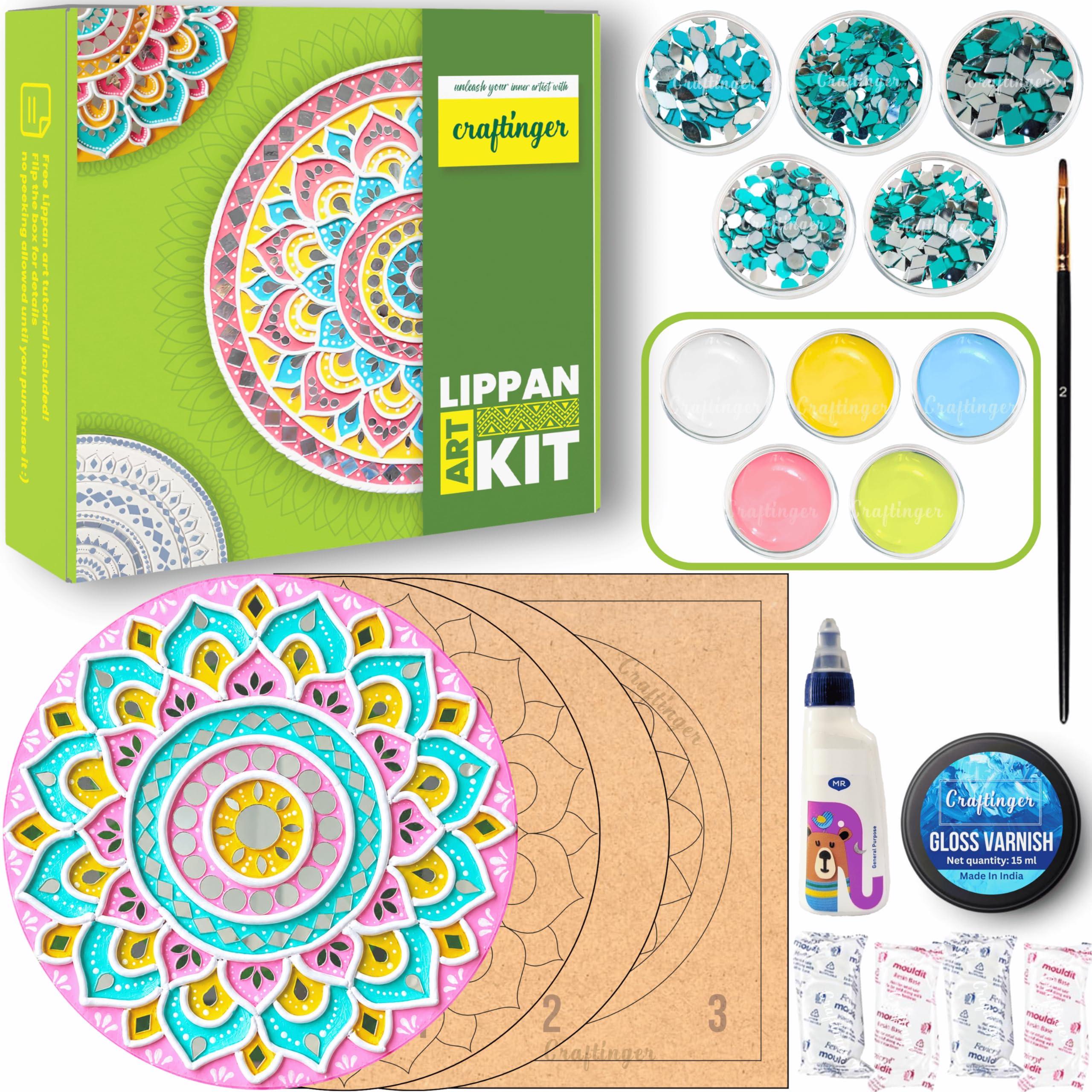Craftinger Pro Lippan Art Kit 8 Inch For DIY Decor With Pre-Marked MDF Shapes, Acrylic Colors, And Mirrors,Multicolor