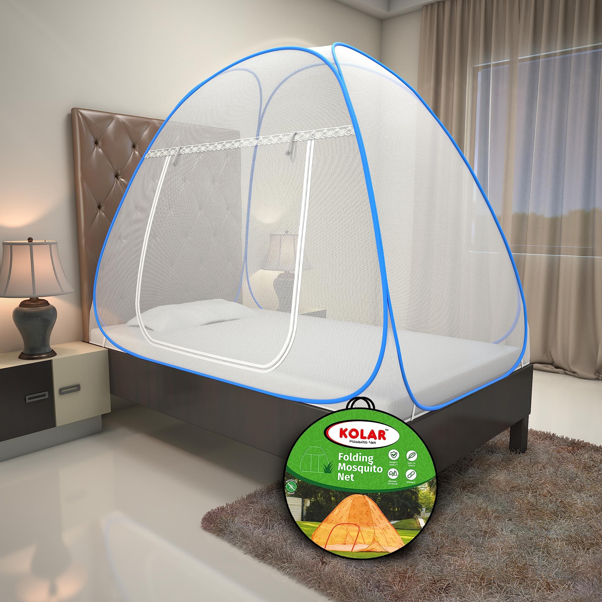 Kolar Mosquito Net for Single Bed, 6 Feet x 4 Feet Premium Single Bed Machardani, Strong and Durable, Tent Type, Foldable, Corrosion Resistant, Blue Color