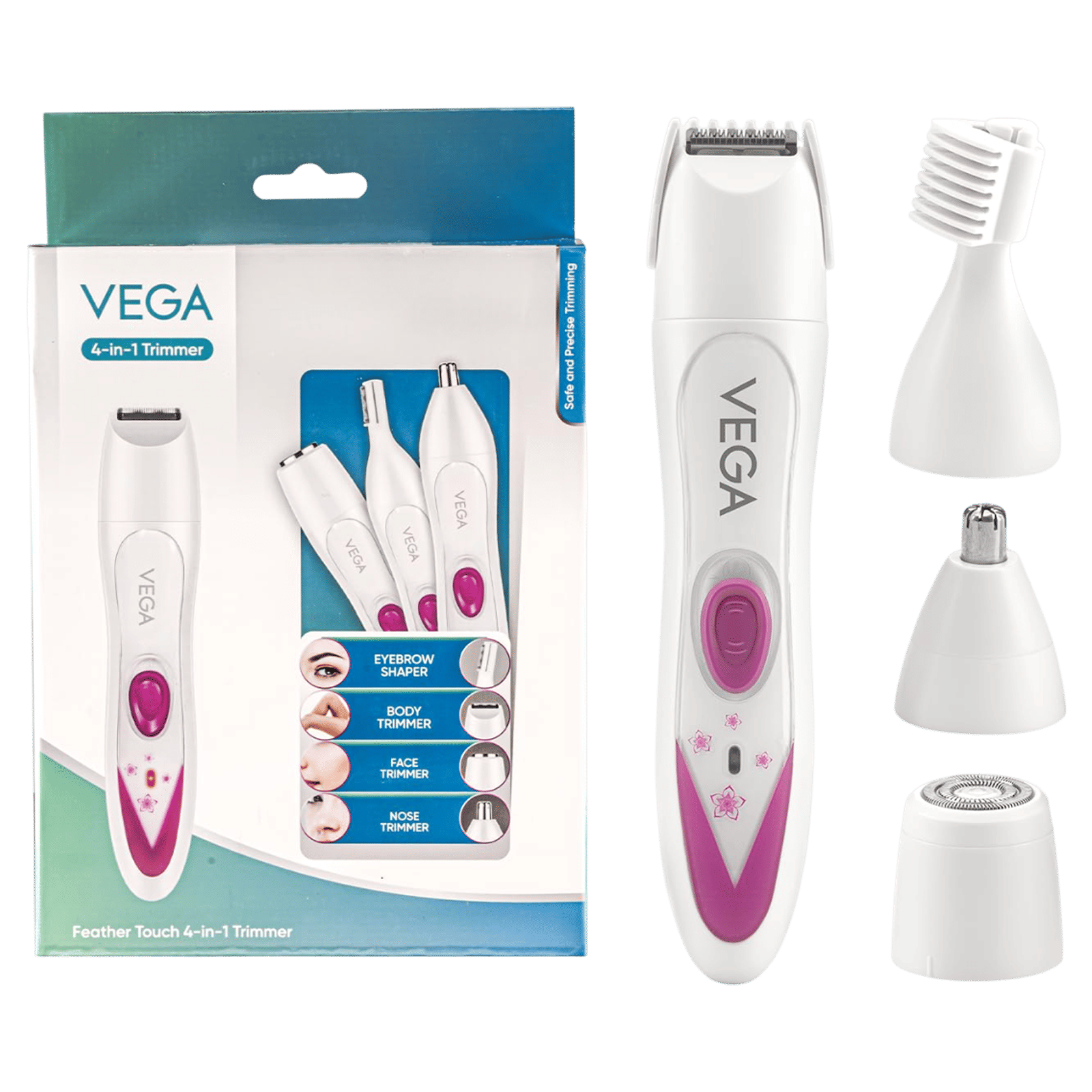 VEGA Feather Touch 4-in-1 Rechargeable Cordless Wet & Dry Trimmer for Body & Intimate Areas with 4 Length Settings for Women (60min Runtime, Ergonomic Design, White)