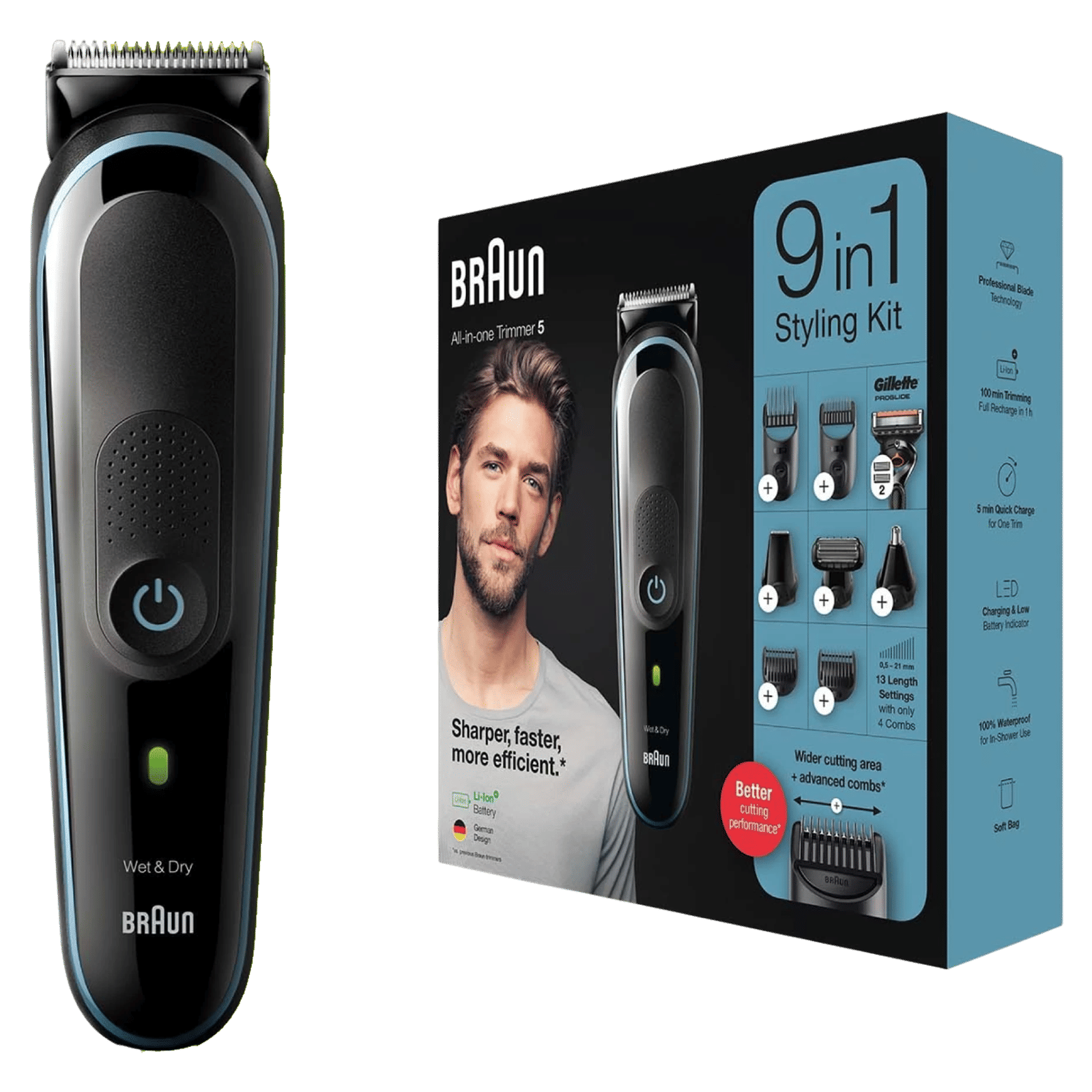 BRAUN MGK5380 9-in-1 Rechargeable Cordless Wet & Dry Trimmer for Beard & Body with 13 Length Settings for Men (100mins Runtime, Quick Charging, Black)