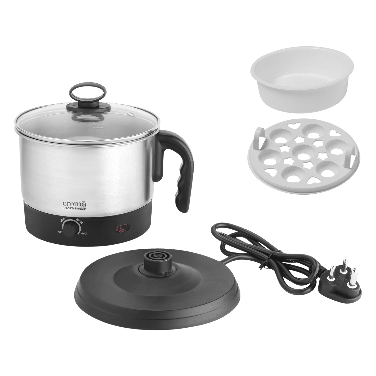 Croma 600 Watt 1.3 Litre Multi Cook Kettle with Auto Shut-off (Black and Silver)