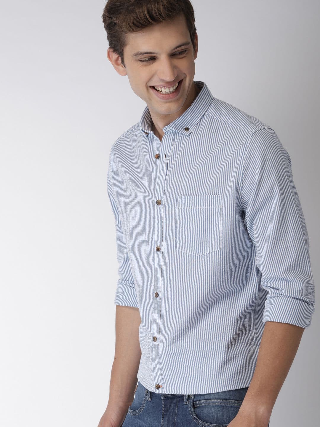 Mast & Harbour Mast & Harbour Men Blue & White Slim Fit Striped Casual Shirt