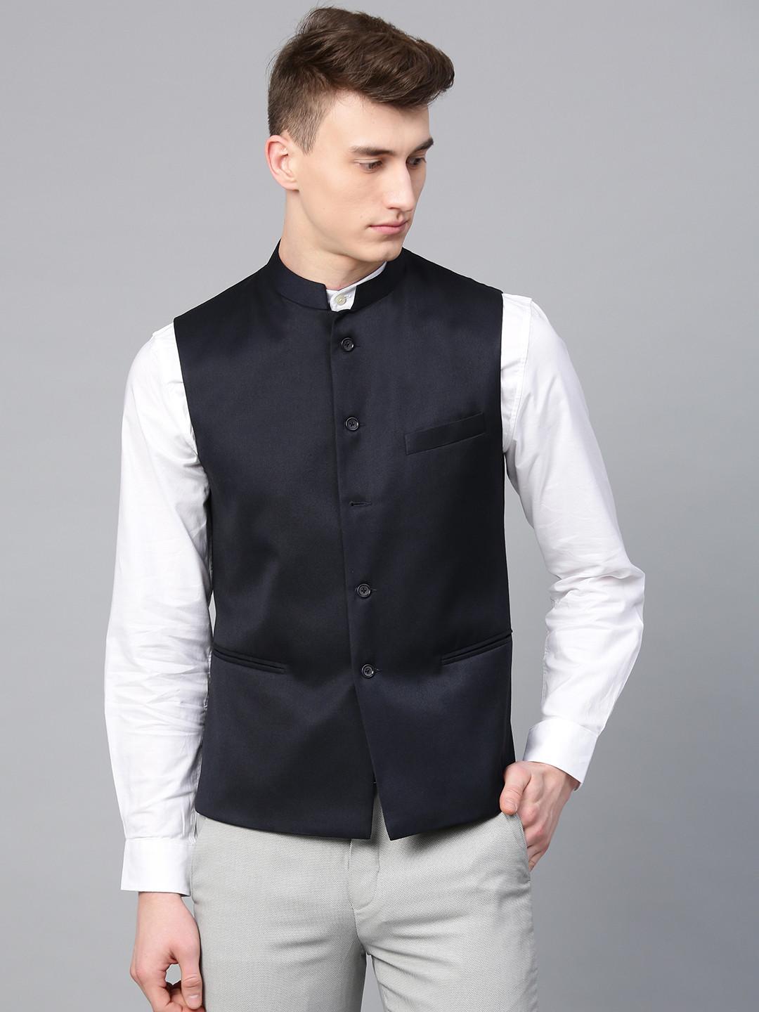 MANQ Men Navy Blue Solid Slim Fit Nehru Jacket