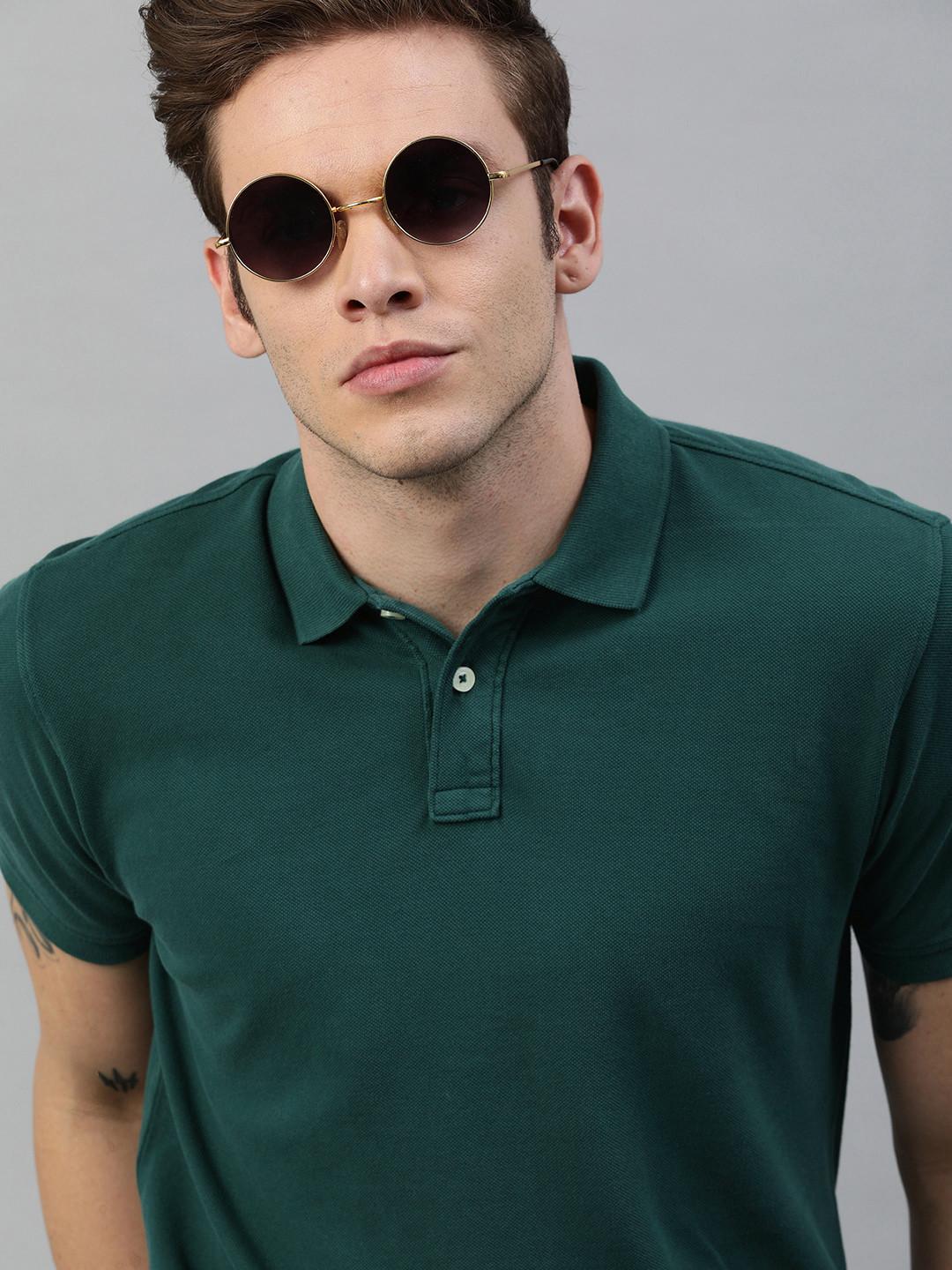 The Roadster Lifestyle Co Men Olive Green Solid Polo Collar Cotton T-shirt