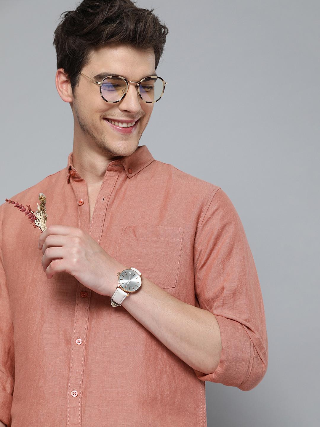 Mast & Harbour Men Rust Pink Regular Fit Solid Casual Linen Cotton Shirt