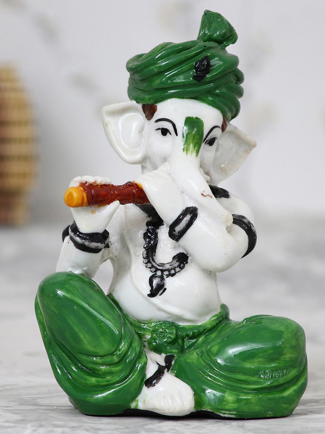 Artisyn Lord Ganesha Playing Flute Green Metal Metallic Prayer Room Music Small Showpiece - 4.7 Inches