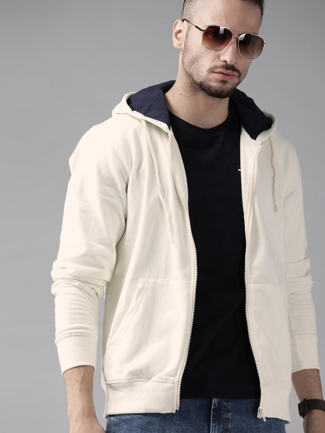 Roadster Men Off-White Solid Hooded Sweatshirt