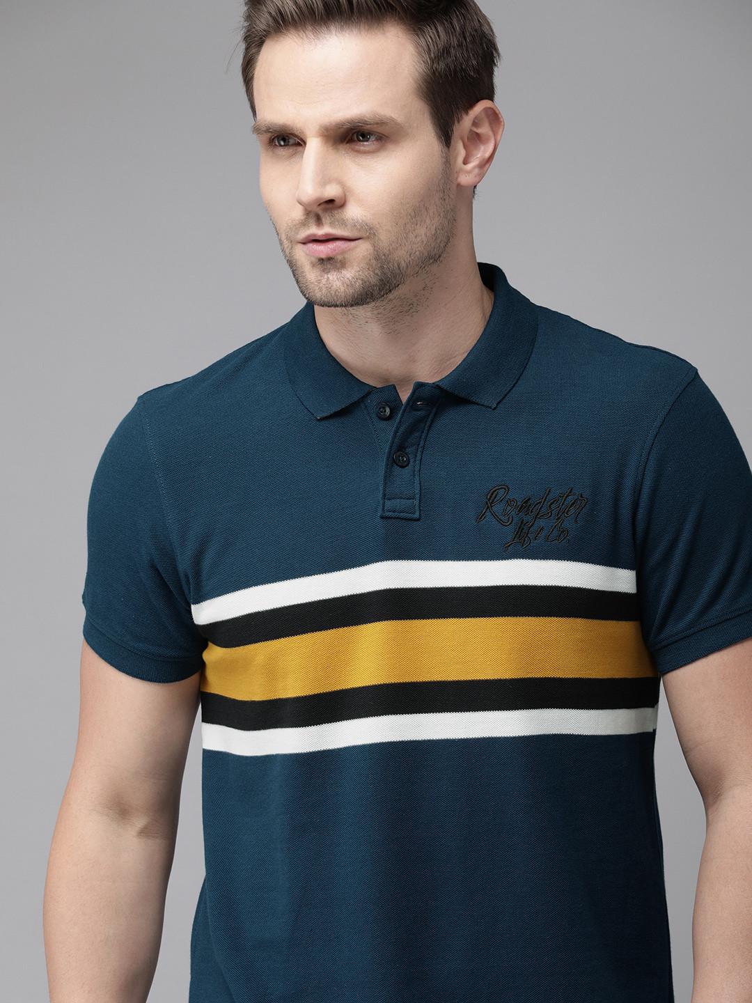 Roadster Men Teal Striped Polo Collar Pure Cotton T-shirt