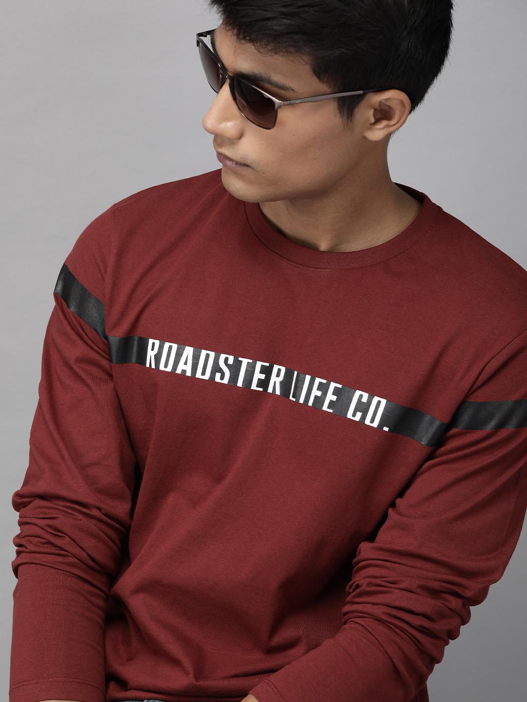 Roadster Men Maroon White Printed Cotton Round Neck Pure Cotton T-shirt