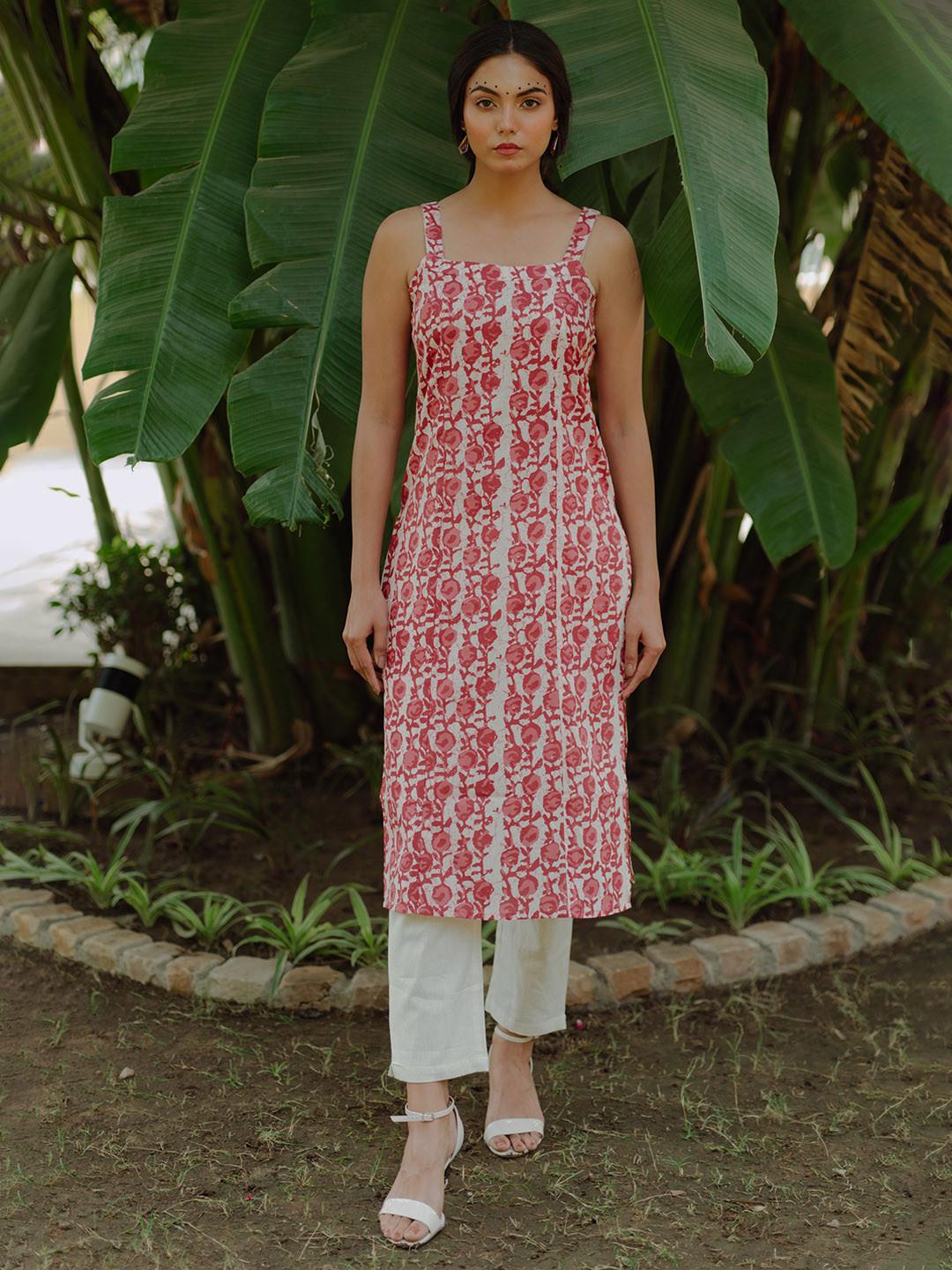 anayna Women Pink & Magenta Printed Strappy Straight Kurta