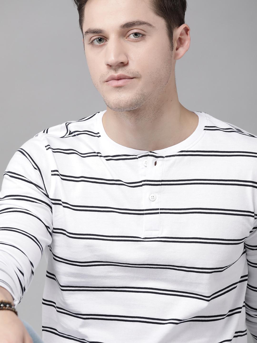 Roadster Men White & Navy Blue Pure Cotton Striped Henley Neck T-shirt