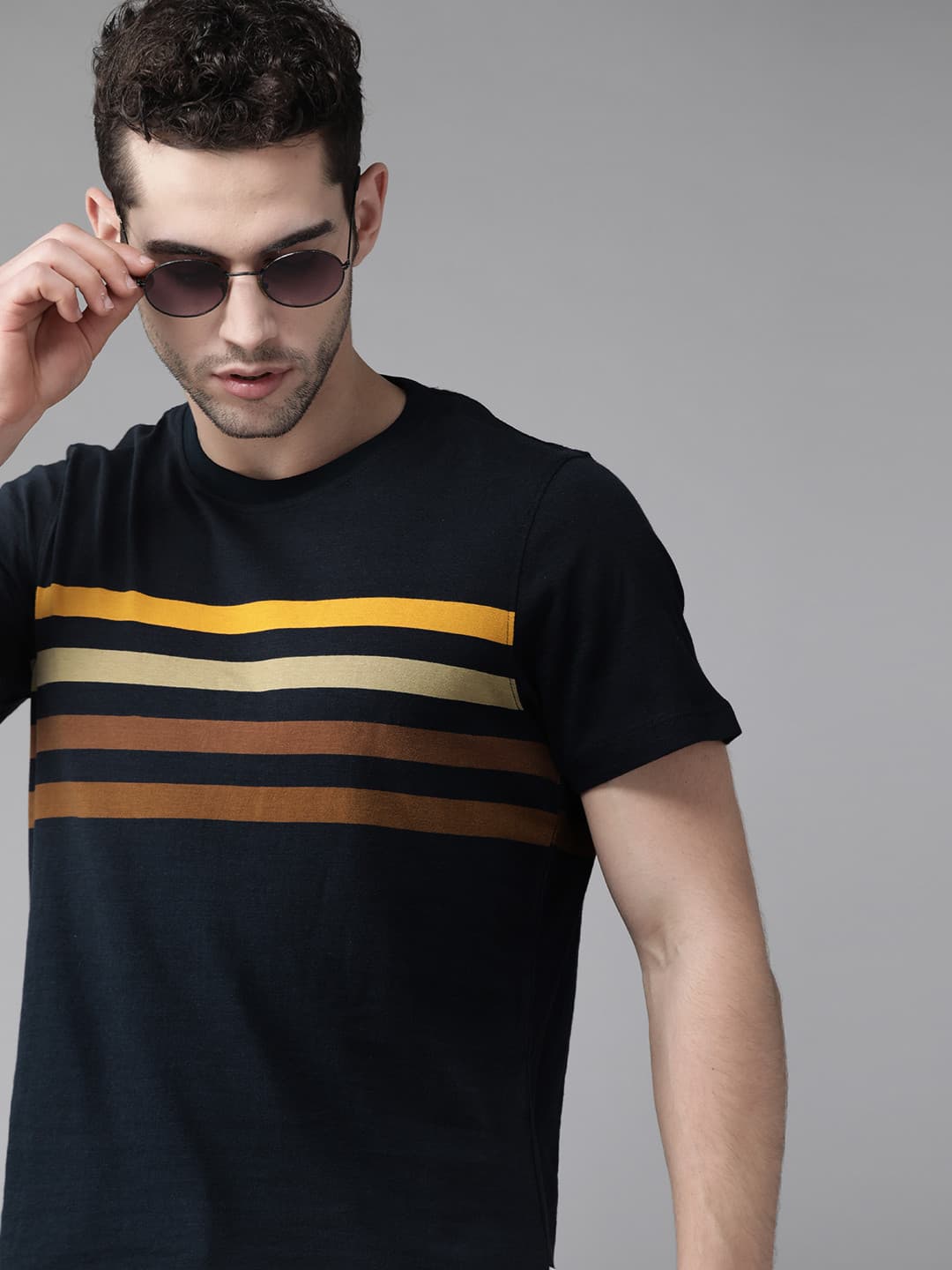 Roadster Men Navy Cotton Striped Round Neck Cotton T-shirt