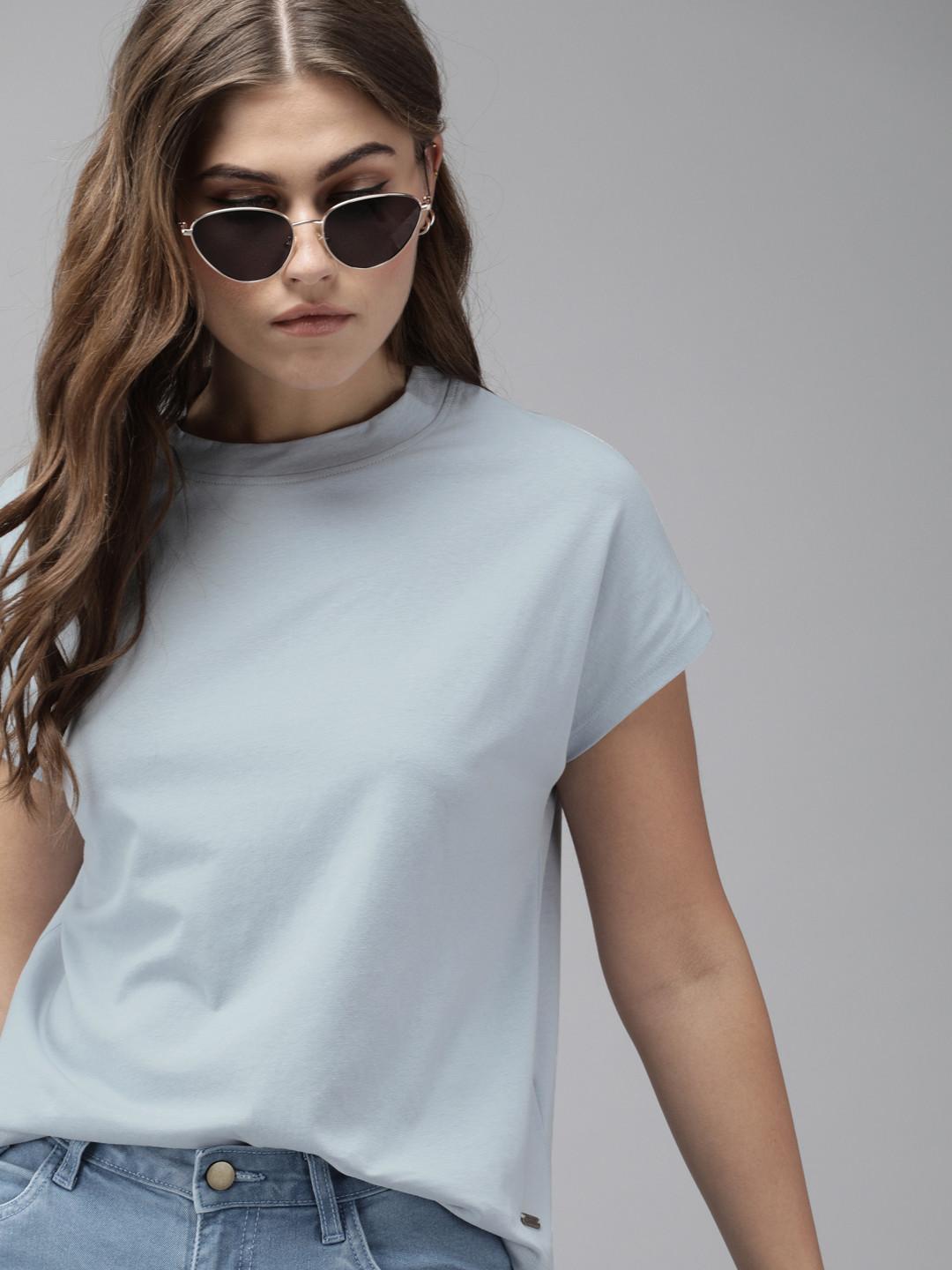 The Roadster Lifestyle Co Women Dusty Blue Solid Round Neck Cotton Relaxed Fit T-shirt