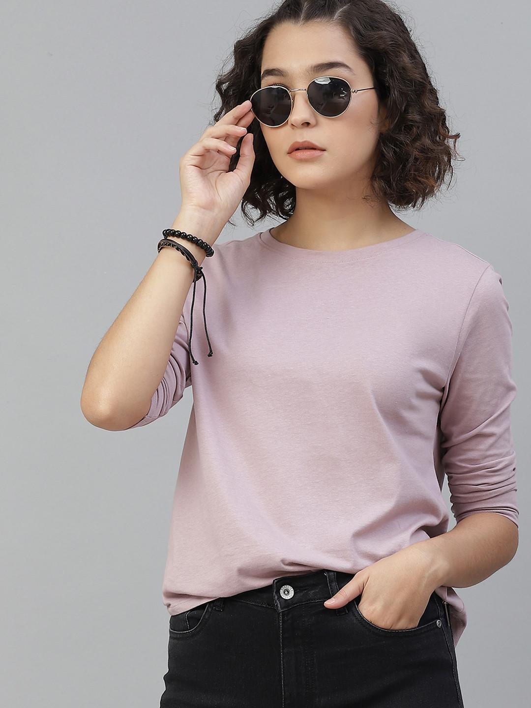 The Roadster Lifestyle Co Women Lavender Solid Cotton Round Neck T-shirt
