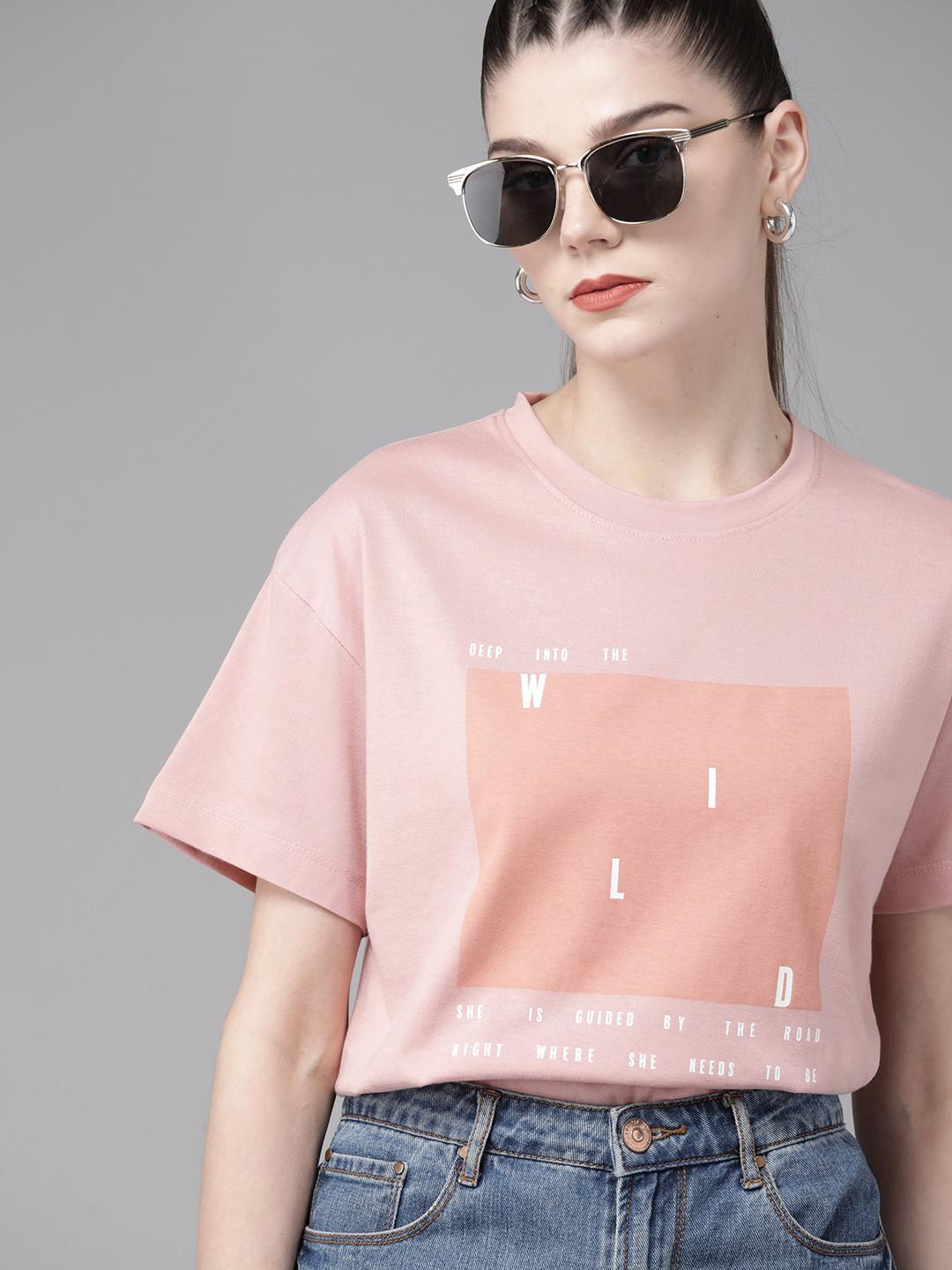 The Roadster Lifestyle Co Women Pink Peach-Coloured Printed Pure Cotton Boxy T-shirt