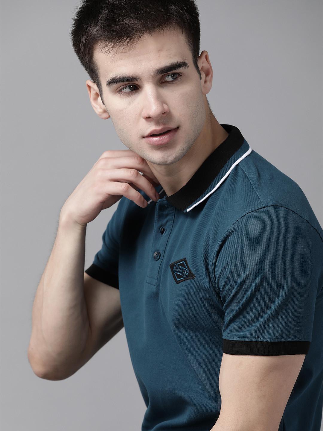 The Roadster Lifestyle Co Men Teal Blue Cotton Solid Polo Collar Cotton T-shirt