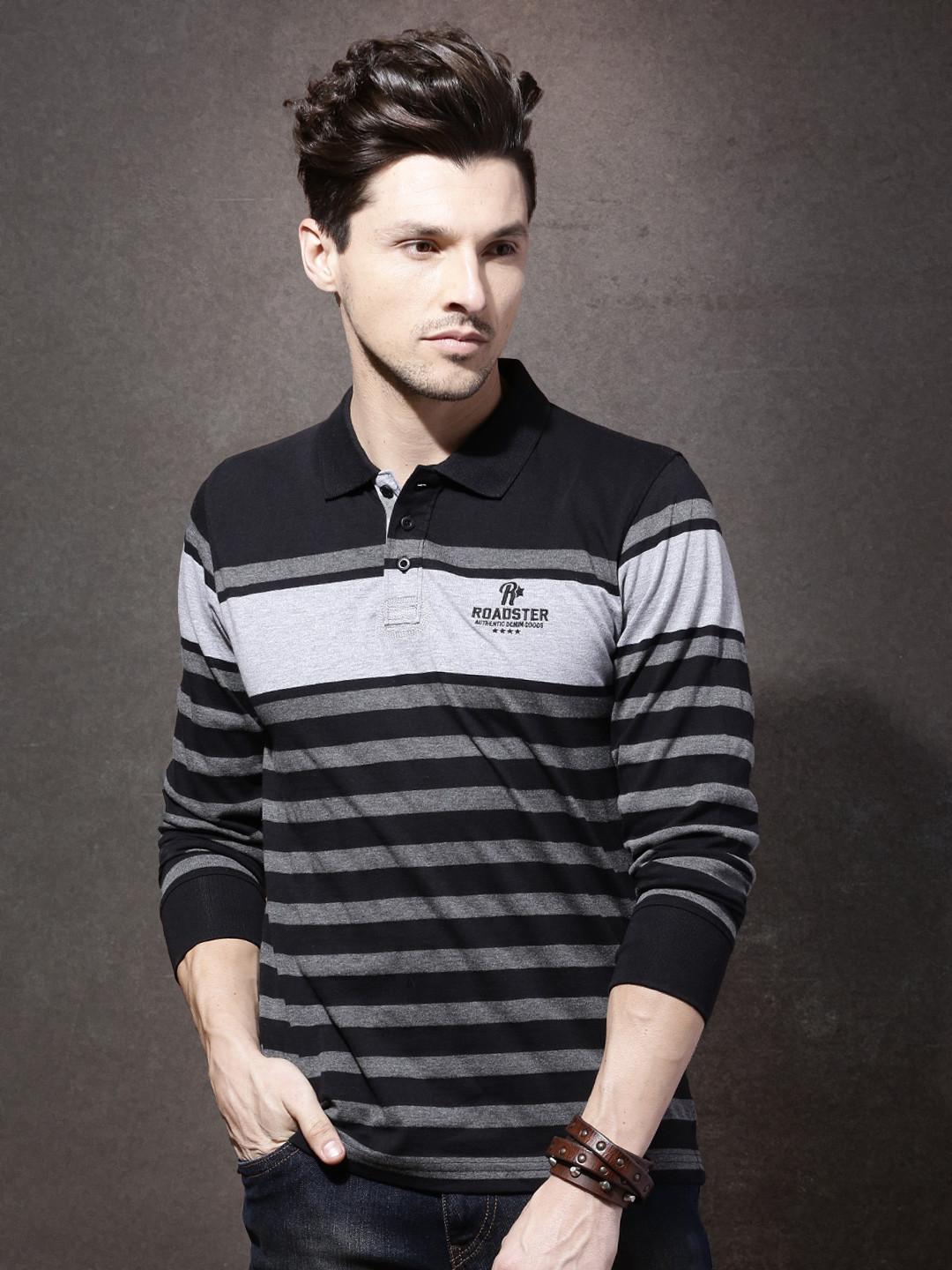 Roadster Men Black & Grey Melange Striped Polo Collar T-shirt