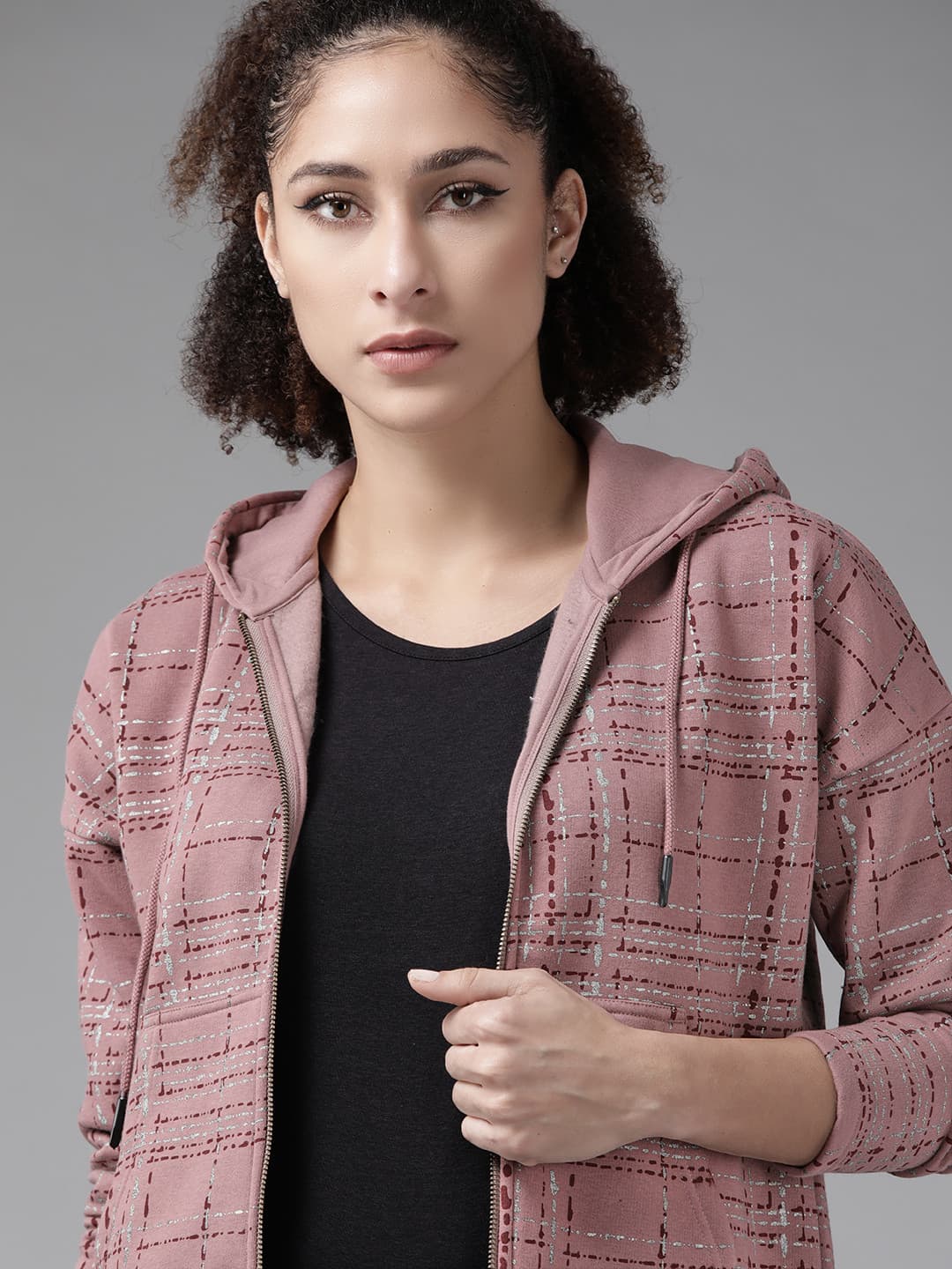 Roadster Women Dusty Pink & Silver Checked Hooded Sweatshirt