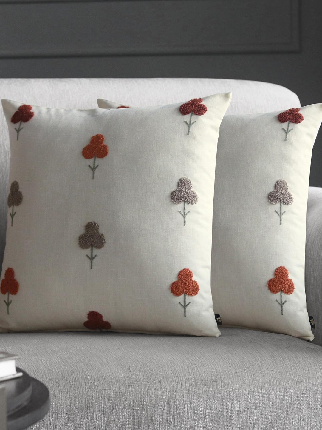 GM Floral Cotton 2 Pcs Embroidered Square Cushion Covers - 15.7 x 15.7 In