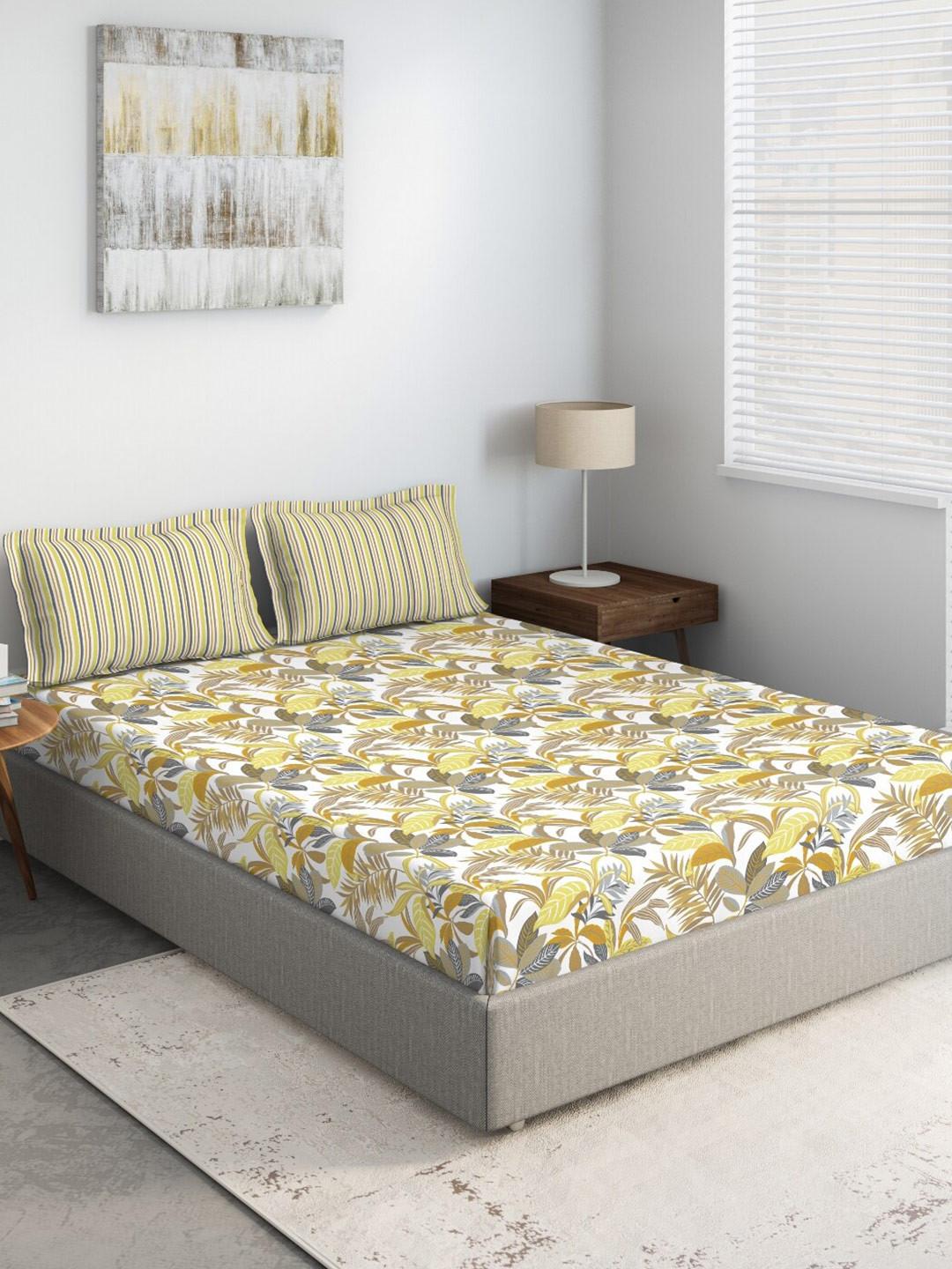 DDecor Alpha Collection Yellow Leaves Cotton 136TC Queen Bedsheet With 2 Pillow Covers