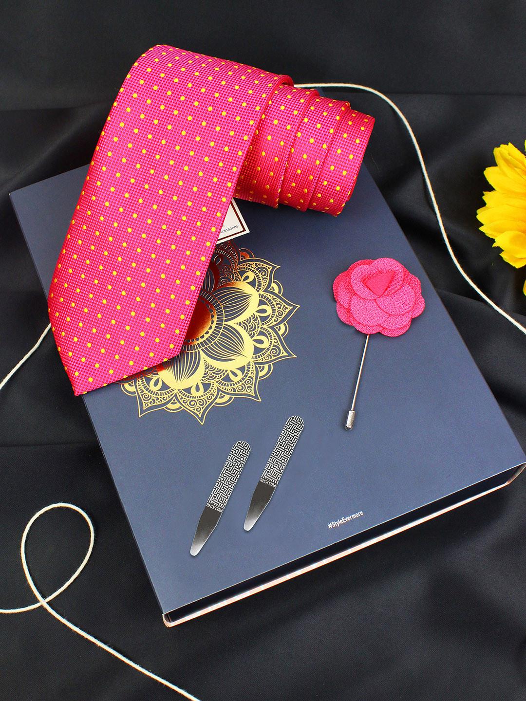 PELUCHE Men Pink Woven Design Broad Tie Gift Set