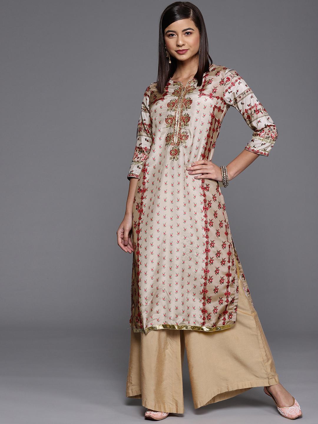 Biba Women Grey & Red Floral Printed Extended Sleeves Kurta
