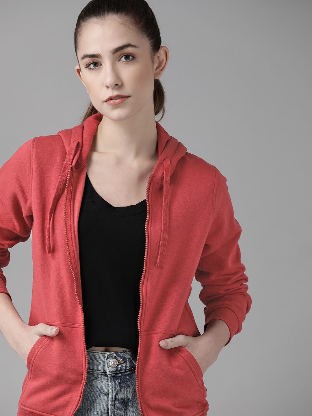 Roadster Women Red Solid Hooded Sweatshirt