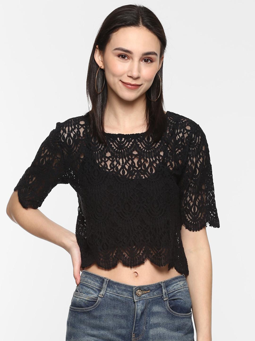 Porsorte Black Crochet Net Lace Crop Top