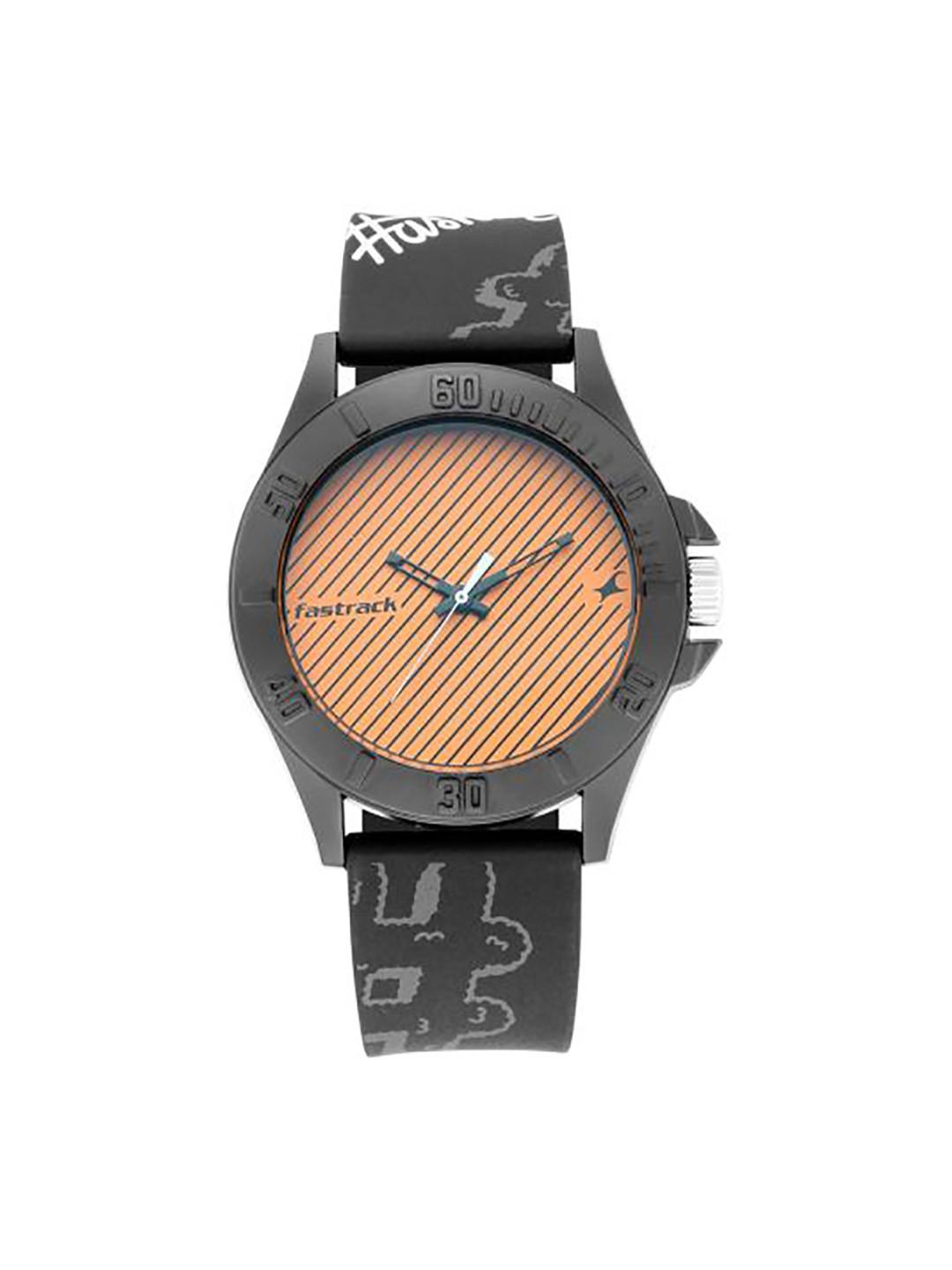 Fastrack Unisex Orange Striped Dial & Black Straps TEES-Hashtag Analogue Watch 68013PP03