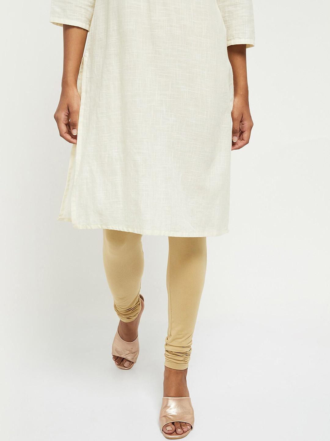 max Women Beige Solid Churidar-Length Leggings