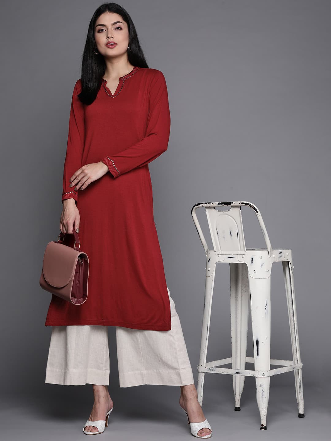 Biba Women Maroon Studded Yoke Design Knitted Winter Straight Kurta