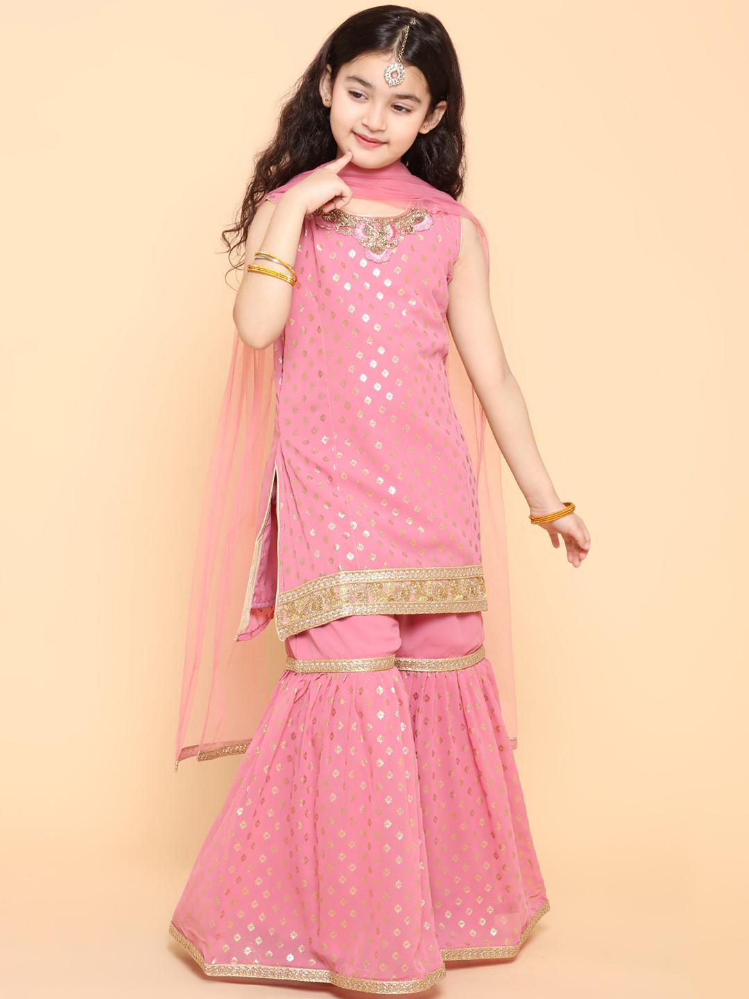 ADIVA Girls Pink Printed Regular Kurta with Sharara & With Dupatta