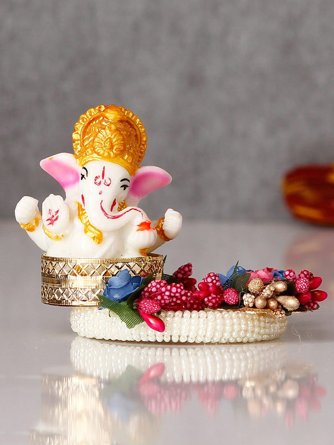 Artisyn Lord Ganesha with Peacock Singhasan Pink Polyresin Glossy Living Room Tiny Showpiece - 4.3 Inches