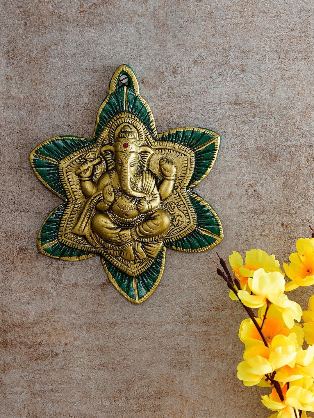 Artisyn Lord Ganesha on Leaf Gold Metal Metallic Prayer Room Hand-Crafted Small Showpiece - 7.9 Inches