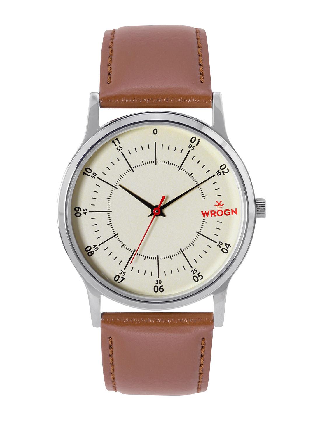 WROGN Men Cream-Coloured Dial & Brown Leather Straps Analogue Watch WRG00042E