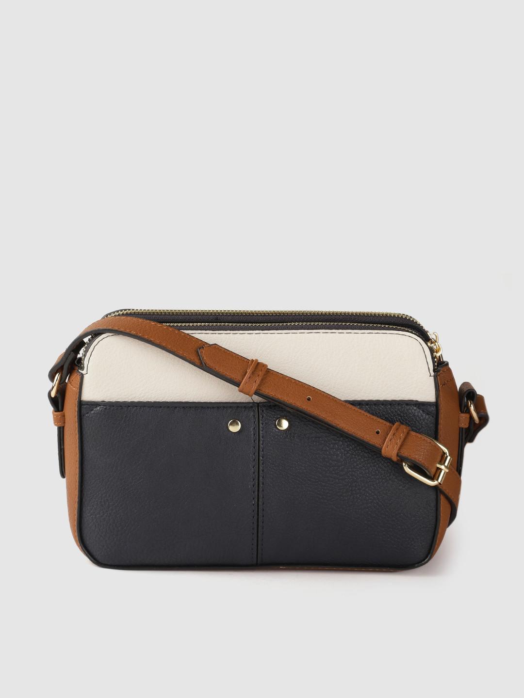 Accessorize Navy Blue & Cream-Coloured Colourblocked Structured Sling Bag
