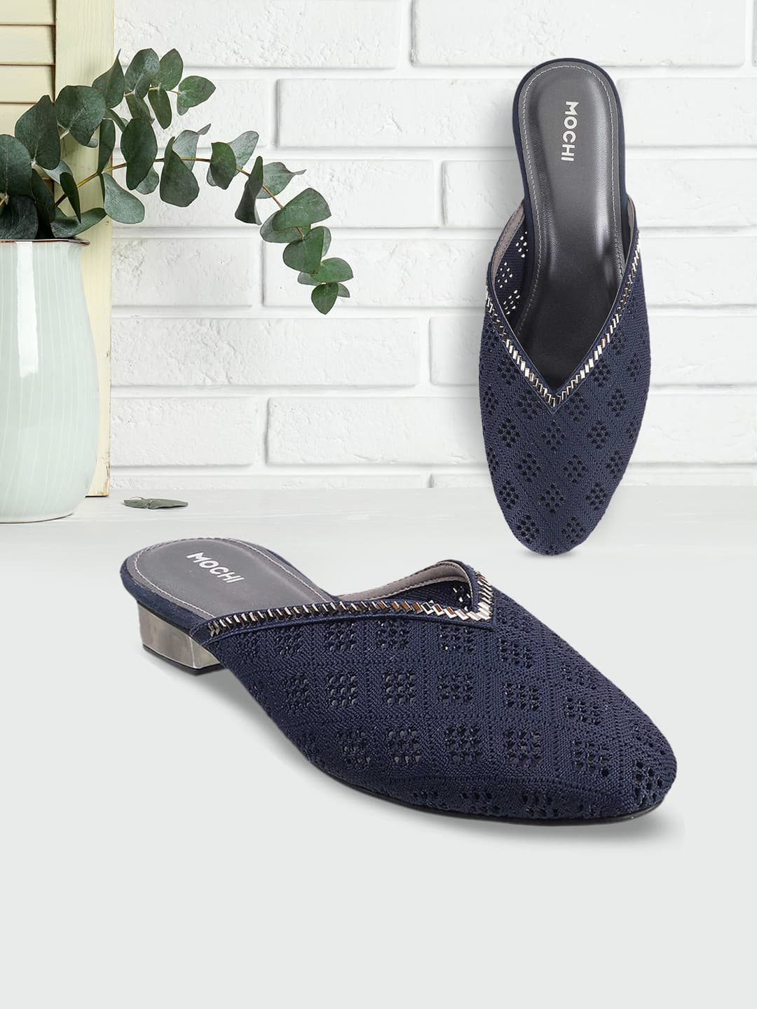 Mochi Womens Blue Stylish Ethnic Woven Desgin Comfort Slip-On Mules