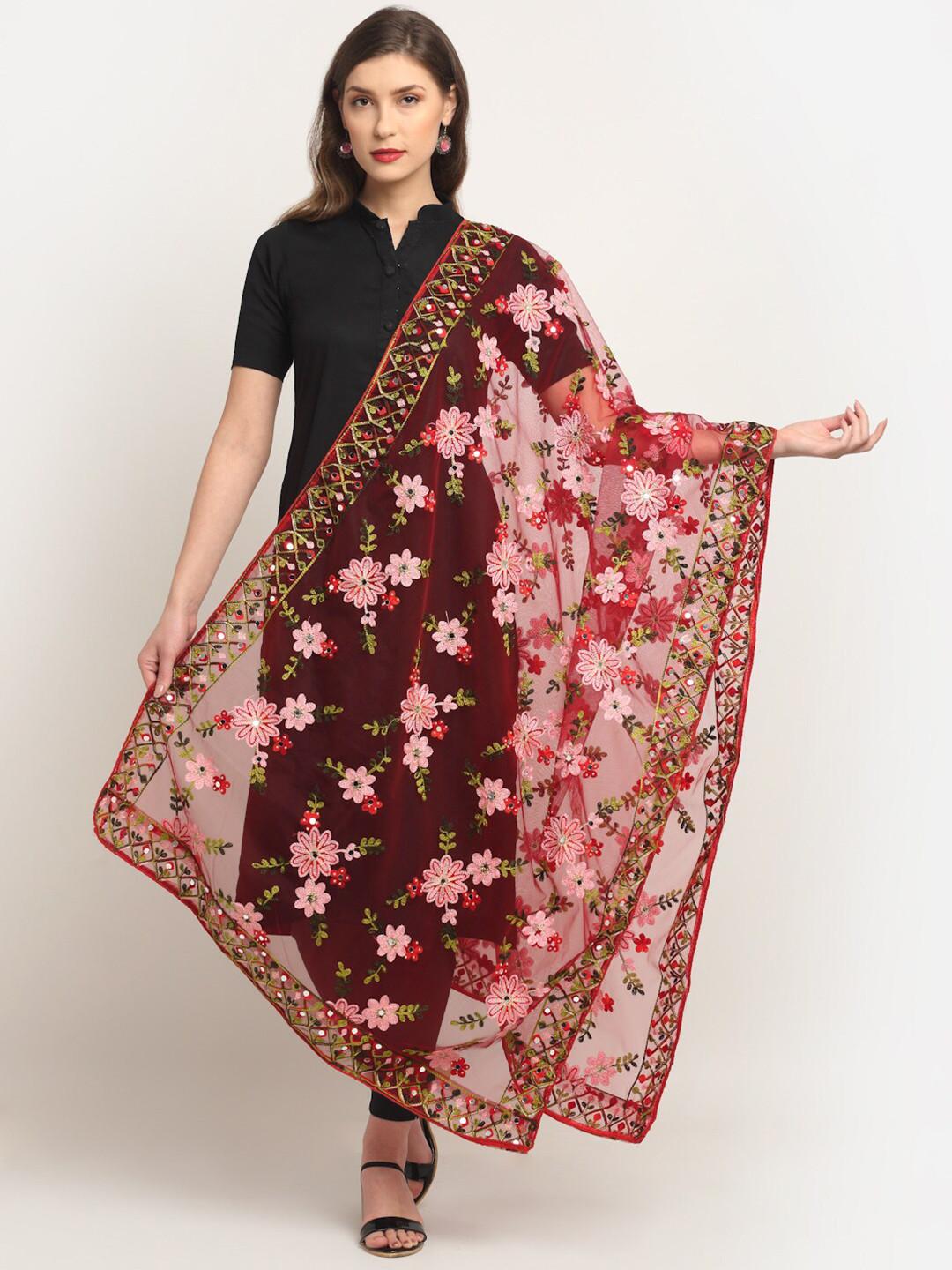 Sugathari Maroon & Pink Ethnic Motifs Embroidered Kalamkari Dupatta with Mirror Work