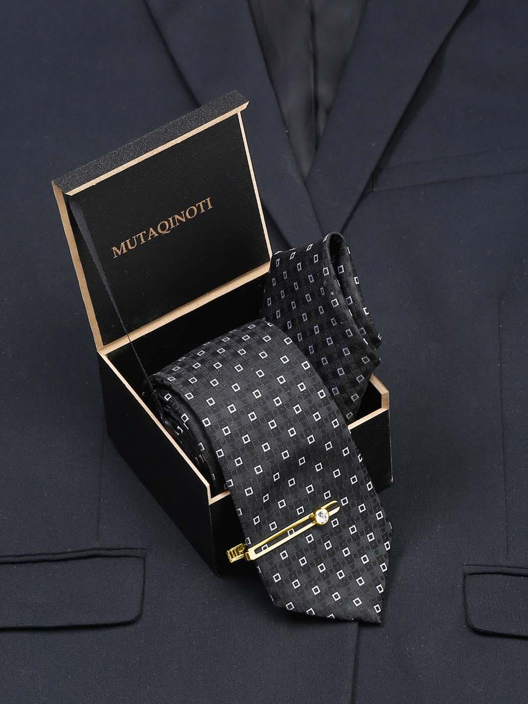 MUTAQINOTI Men Woven Design Silk Blend Necktie Accessory Gift Set